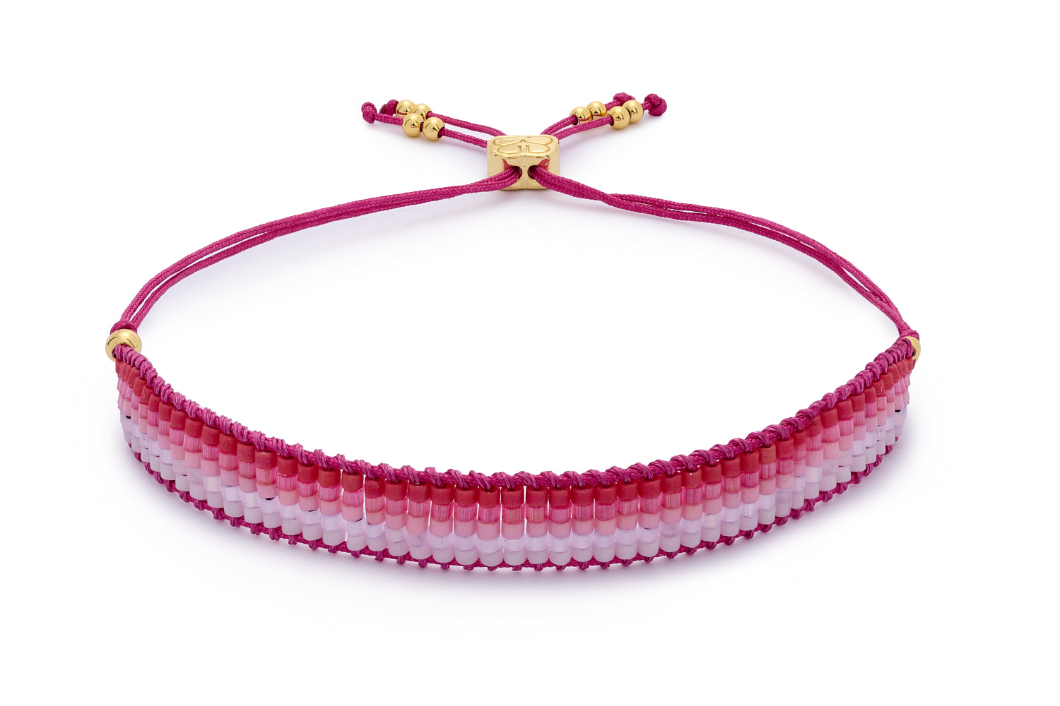 Faye Pink & Gold Miyuki Beaded Friendship Bracelet featuring ombré pink Japanese beads with gold-plated accents and an adjustable slider fastening.