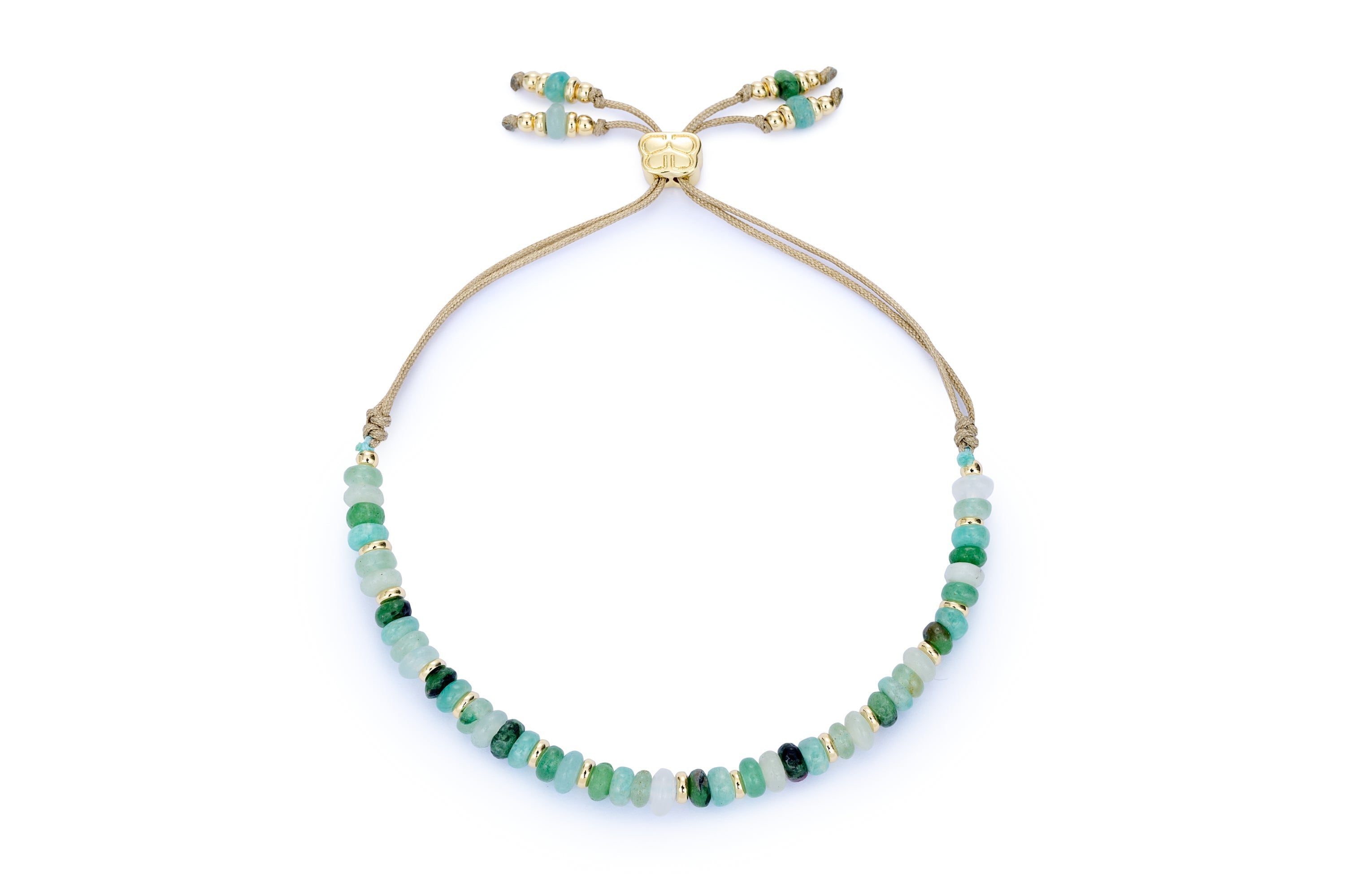 Frankie Amazonite Mix Gold Adjustable Bracelet featuring Amazonite, Green Aventurine, Ruby Zoisite, and White Jade gemstones with 12k gold-plated accents, perfect as a March birthstone bracelet.