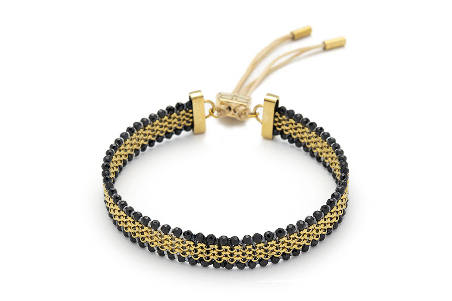 Freya Black Spinel & Gold Chain Bracelet with faceted black spinel beads and 14k gold PVD-coated slider chain.