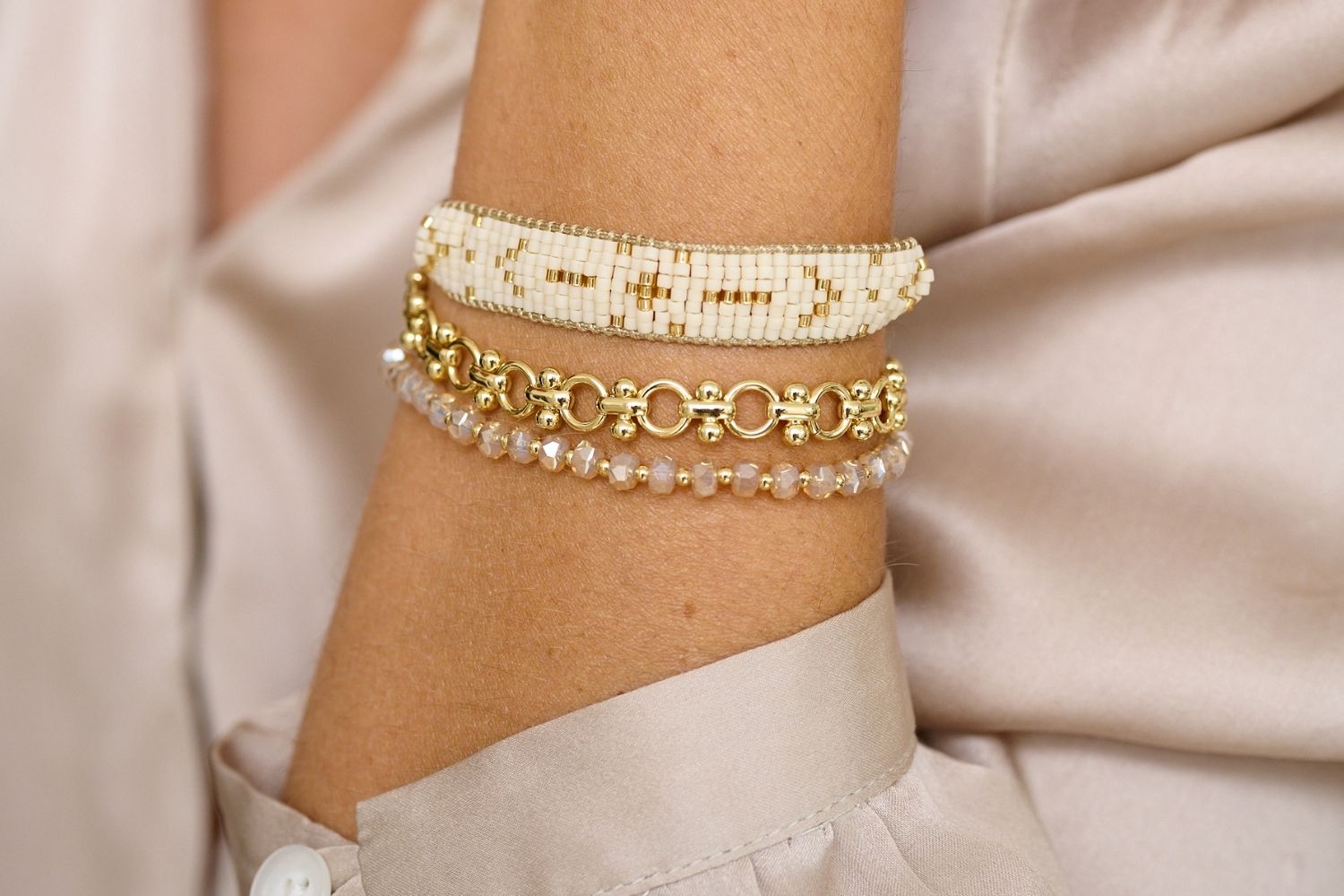 Prunus Champagne & Gold Crystal Stretch Bracelet - Boho Betty USA