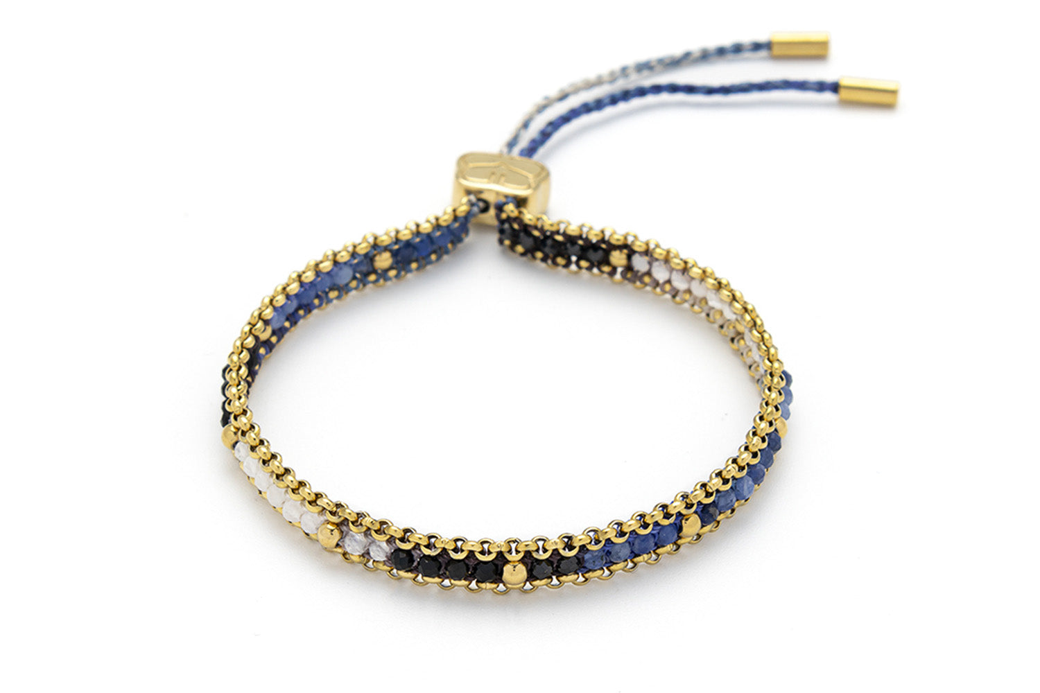 Navy ombré bracelet with Black Spinel, Blue Veinstone, and Crystal beads woven through a gold-plated chain