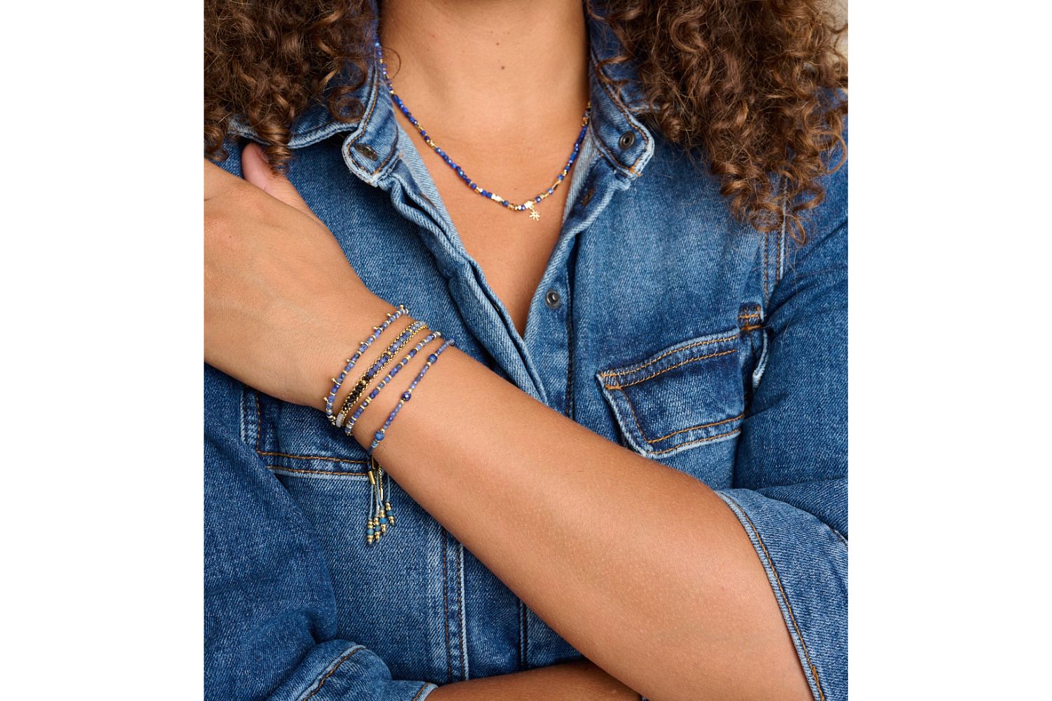 Helaine Navy Ombre Gold Gemstone Bracelet featured on stacked wrist with other Boho Betty bracelets