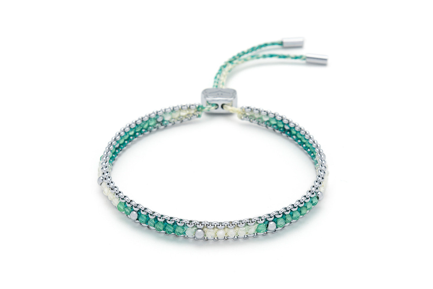 Helaine Turquoise & Silver Friendship Bracelet with green agate and crystal beads handwoven into a silver-tone chain for a relaxed boho look.