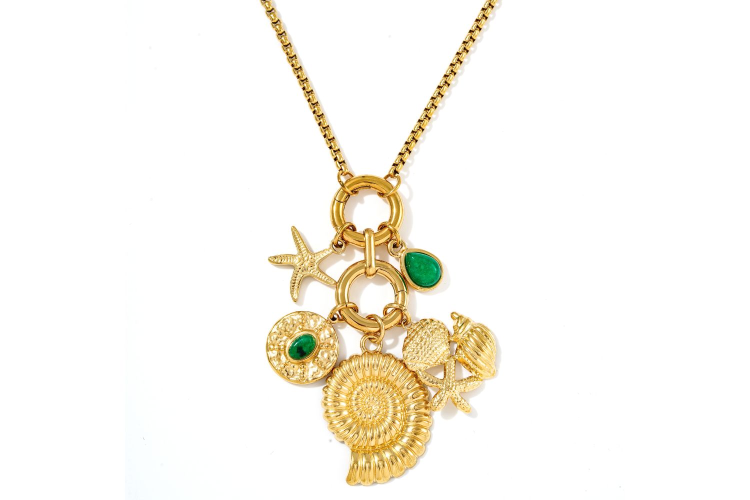 Hemani green agate and gold charm pendant necklace with starfish and ammonite motifs.