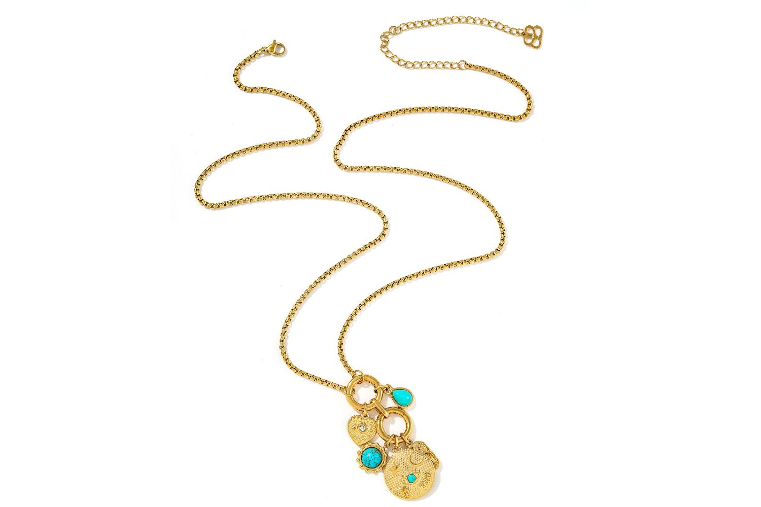Full length shot of the Hemani detachable charm necklace with turquoise howlite stones.