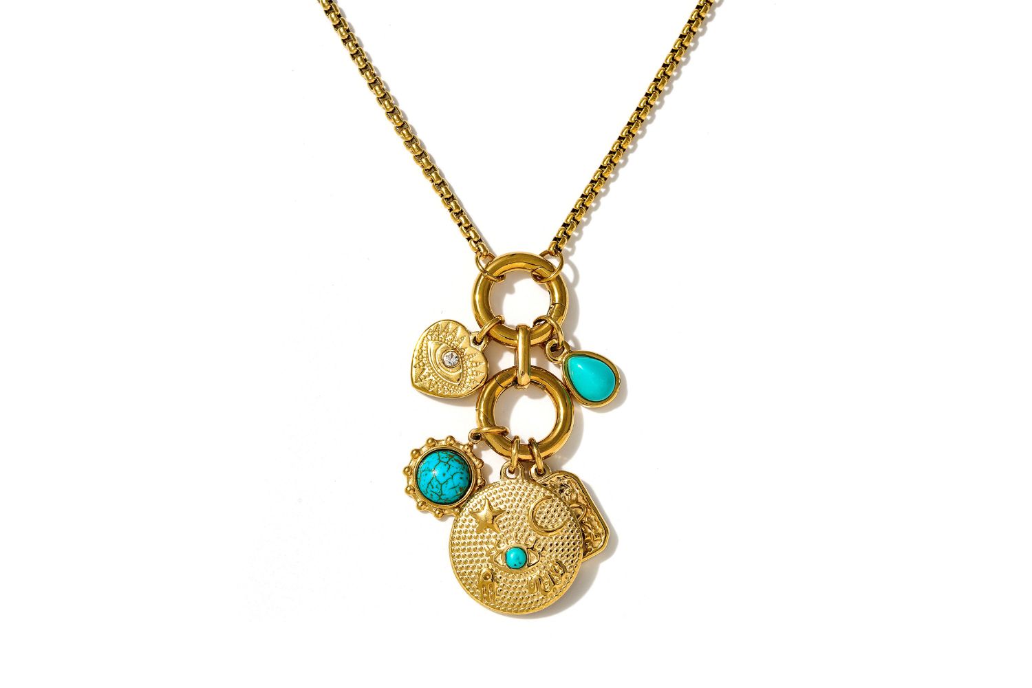 Hemani long gold charm necklace with turquoise howlite stones, celestial and heart symbols on box chain.