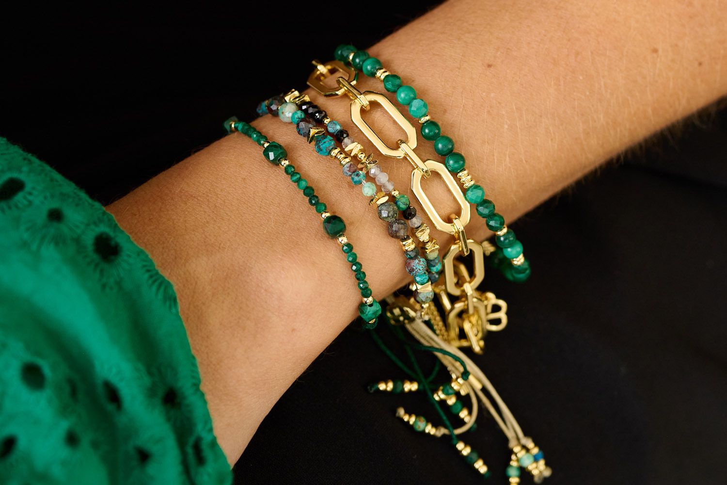 Iris Gold Azurite Gemstone Slider Bracelet styled on wrist with layered chain and malachite bracelets