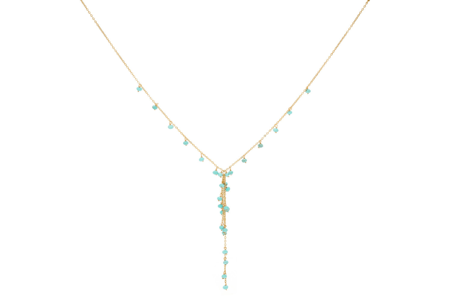 Ivy Gold & Amazonite Beaded Lariat Necklace featuring soft aqua Amazonite gemstones and a 12k gold-plated chain for a calming boho jewellery look.