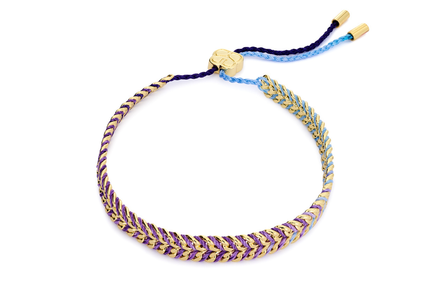 Iztac Midnight Gold braided bracelet in purple and blue thread with gold chevron chain on white background