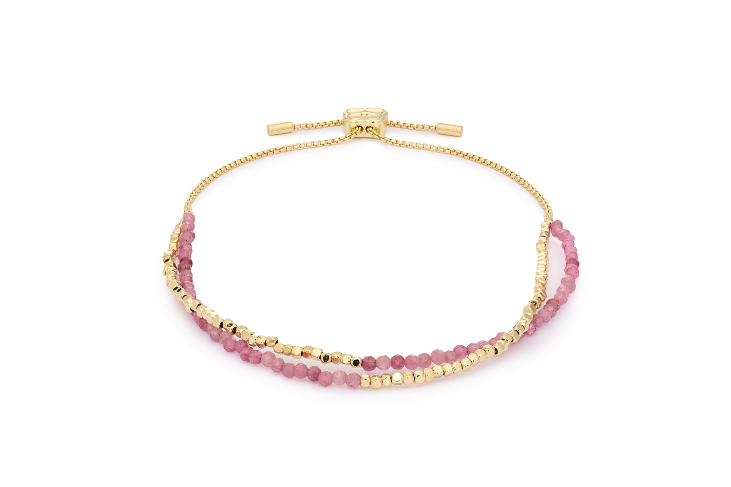 Juniper Gold & Pink Tourmaline Double Strand Bracelet featuring faceted pink tourmaline gemstones with 12k gold-plated brass accents and adjustable slider fit up to 26cm.