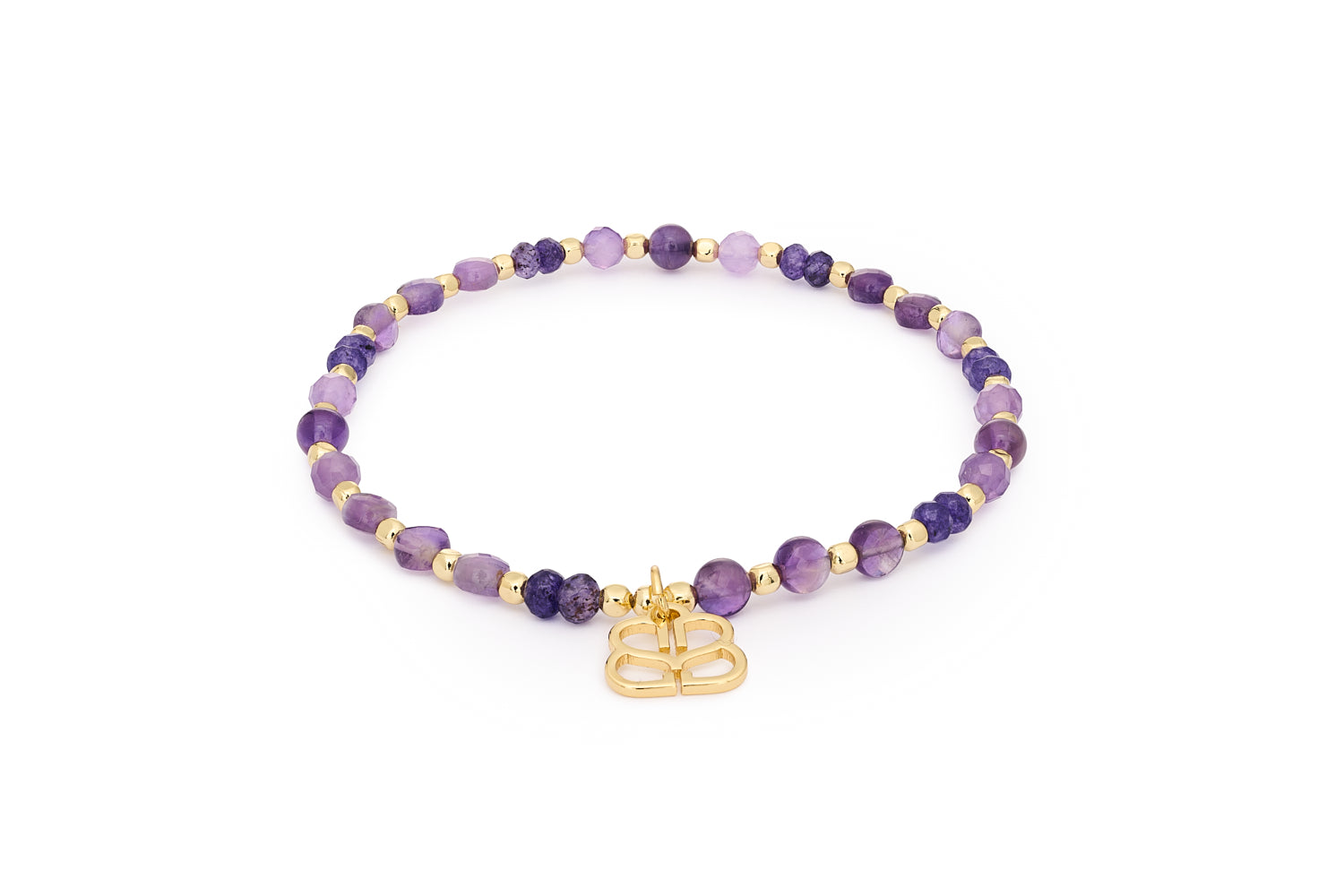 Laria Gold & Amethyst Gemstone Beaded Bracelet with faceted purple gemstones and 12k gold-plated brass beads in an 18cm stretch-fit design.
