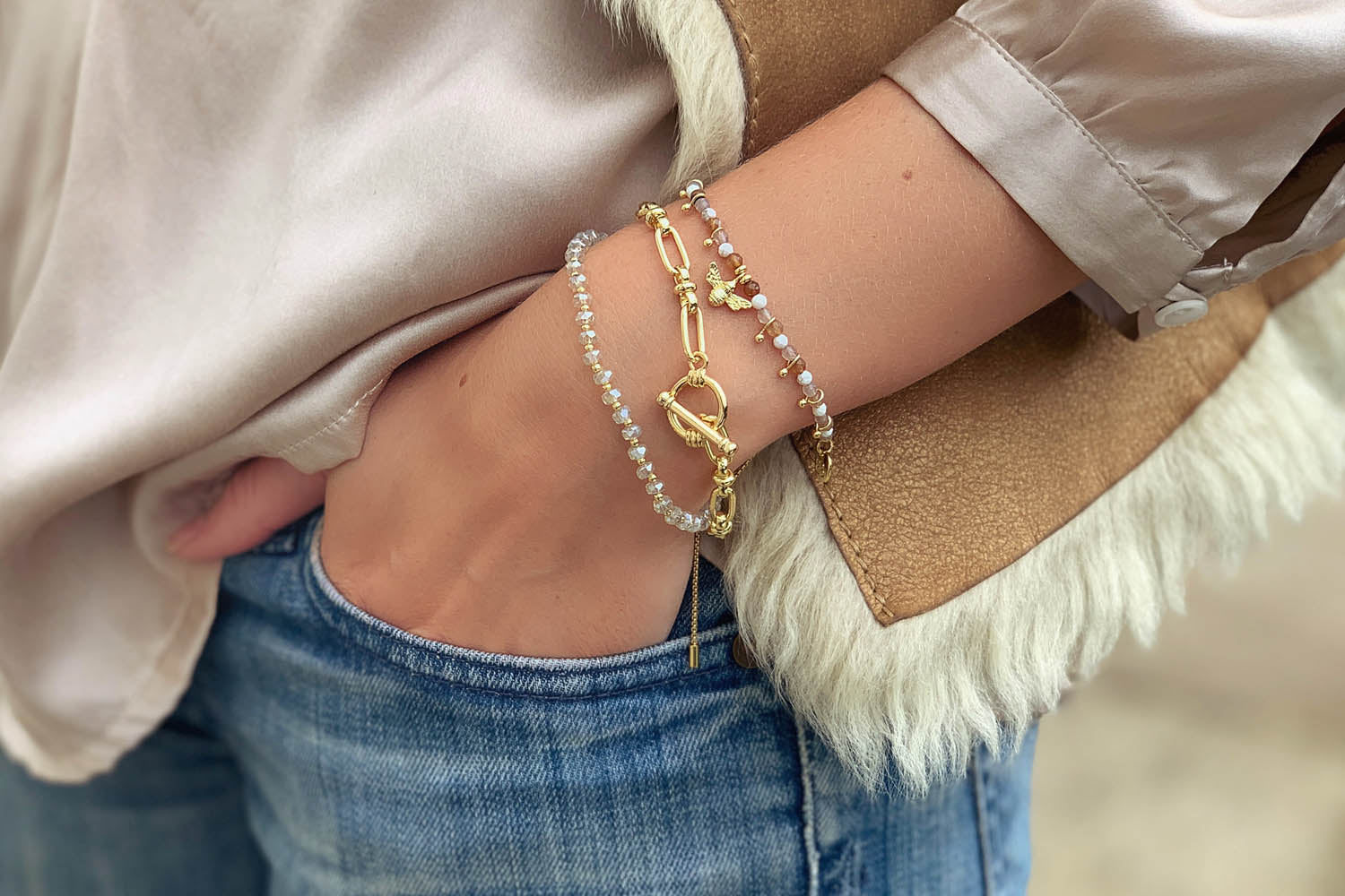 Prunus Champagne & Gold Crystal Stretch Bracelet - Boho Betty USA