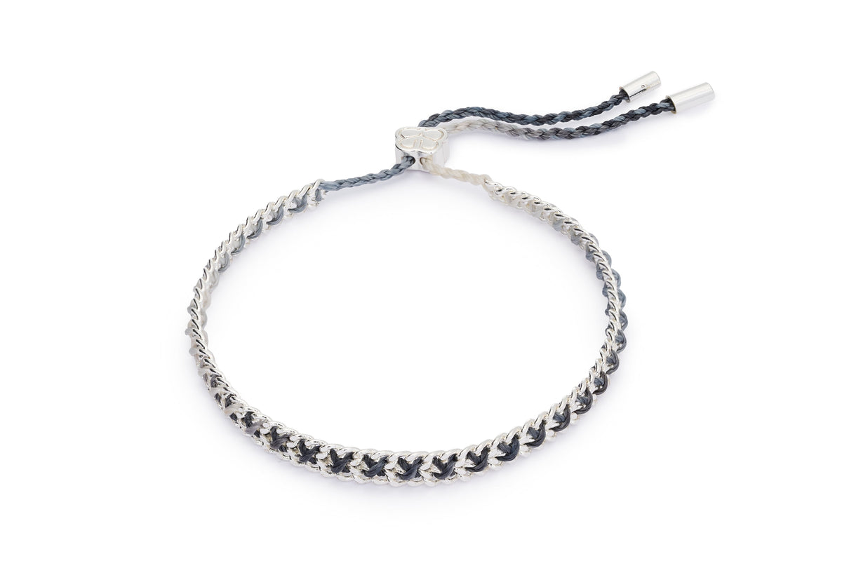 Lilia charcoal and silver woven bracelet with sterling silver-plated brass chain and adjustable slider