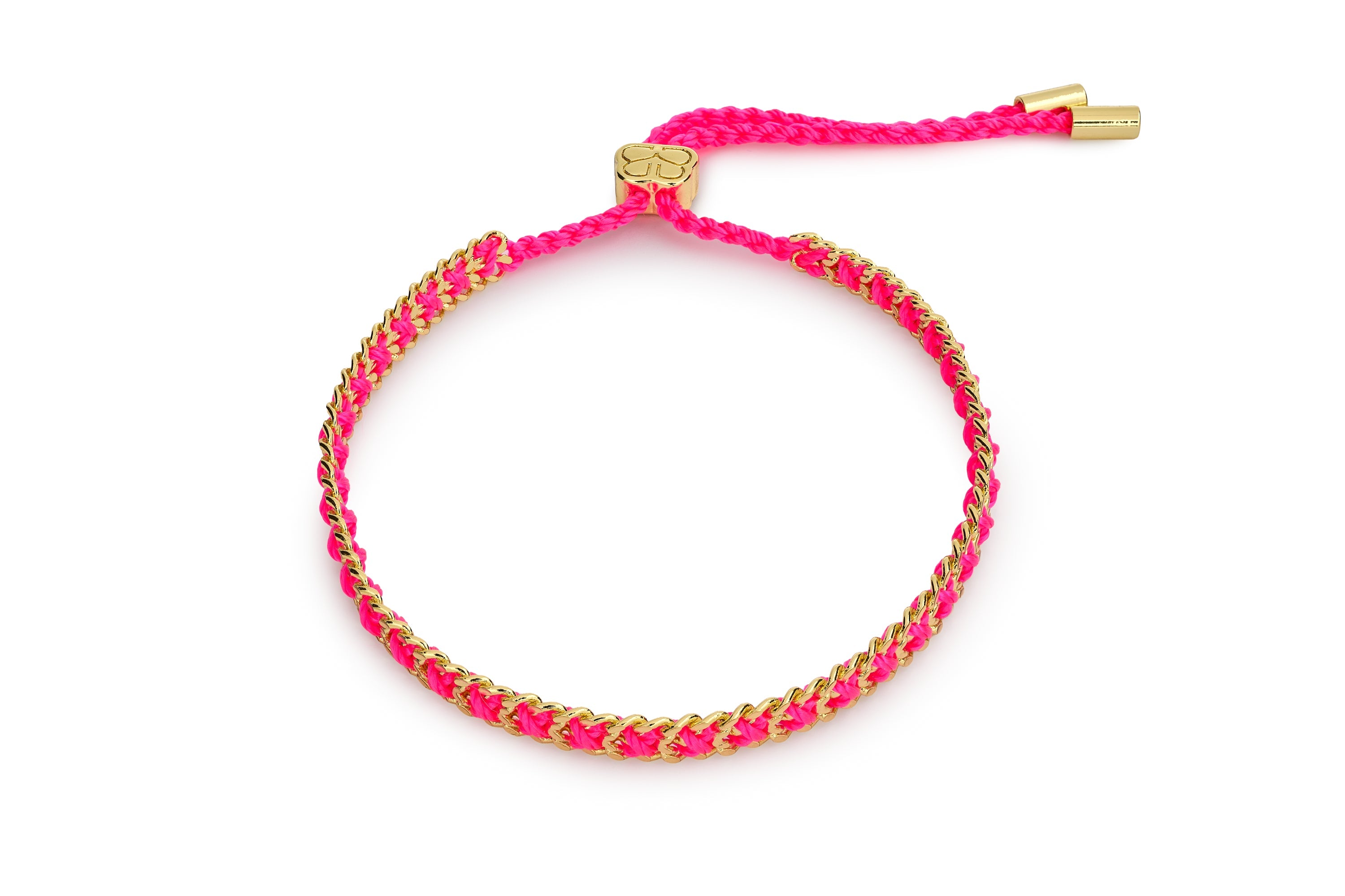 Lilia Gold & Hot Pink Woven Bracelet featuring vivid hot pink braided thread woven through a polished gold chain with an adjustable slider fastening.