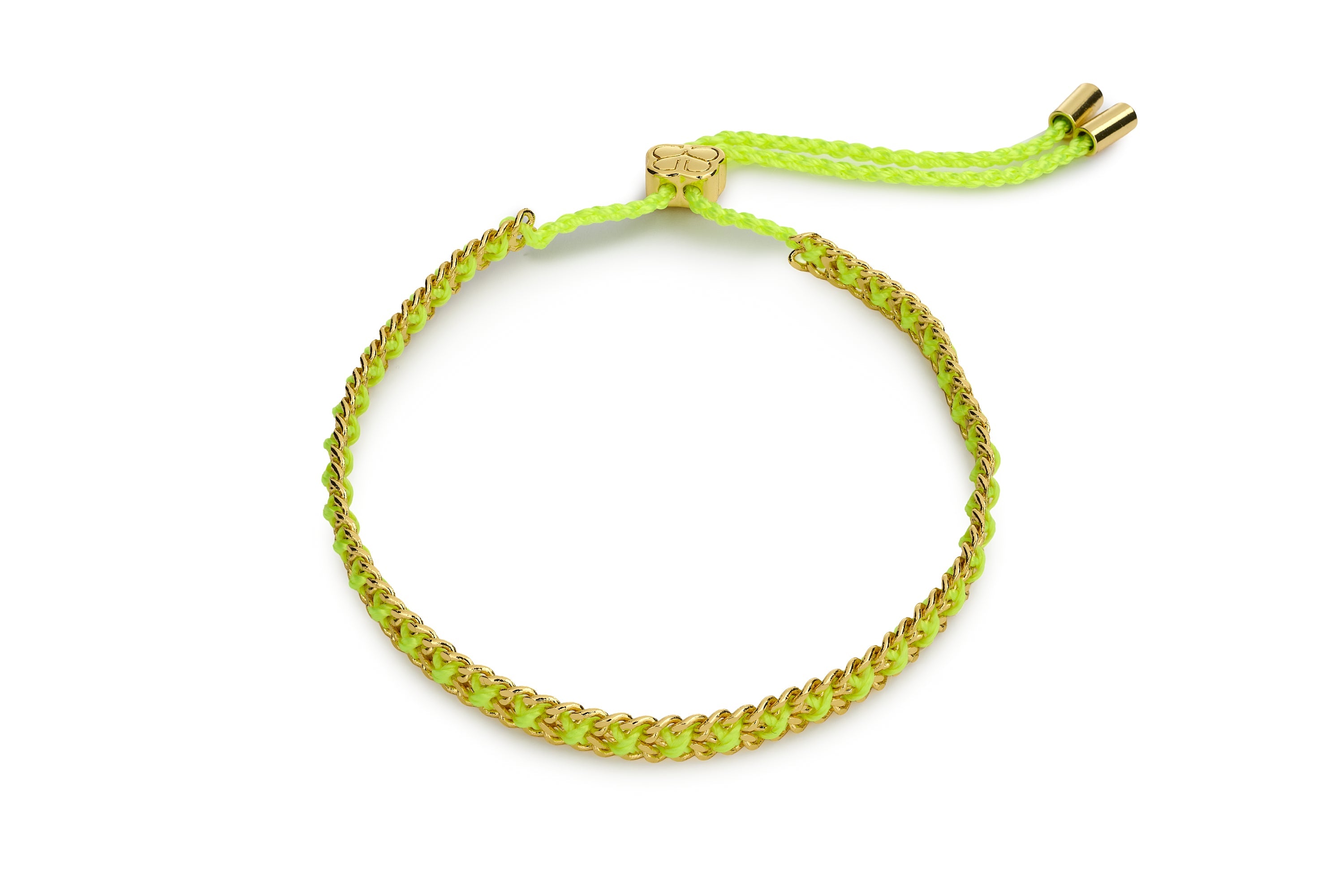 Lilia Gold & Neon Yellow Woven Bracelet with bright yellow braided thread woven through a polished gold chain and adjustable slider fastening.