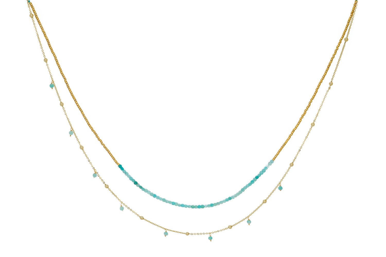 Lily Amazonite & Gold Layered Necklace featuring dainty gold chains and soft aqua Amazonite beads with charm-like drops, inspired by calming ocean hues.