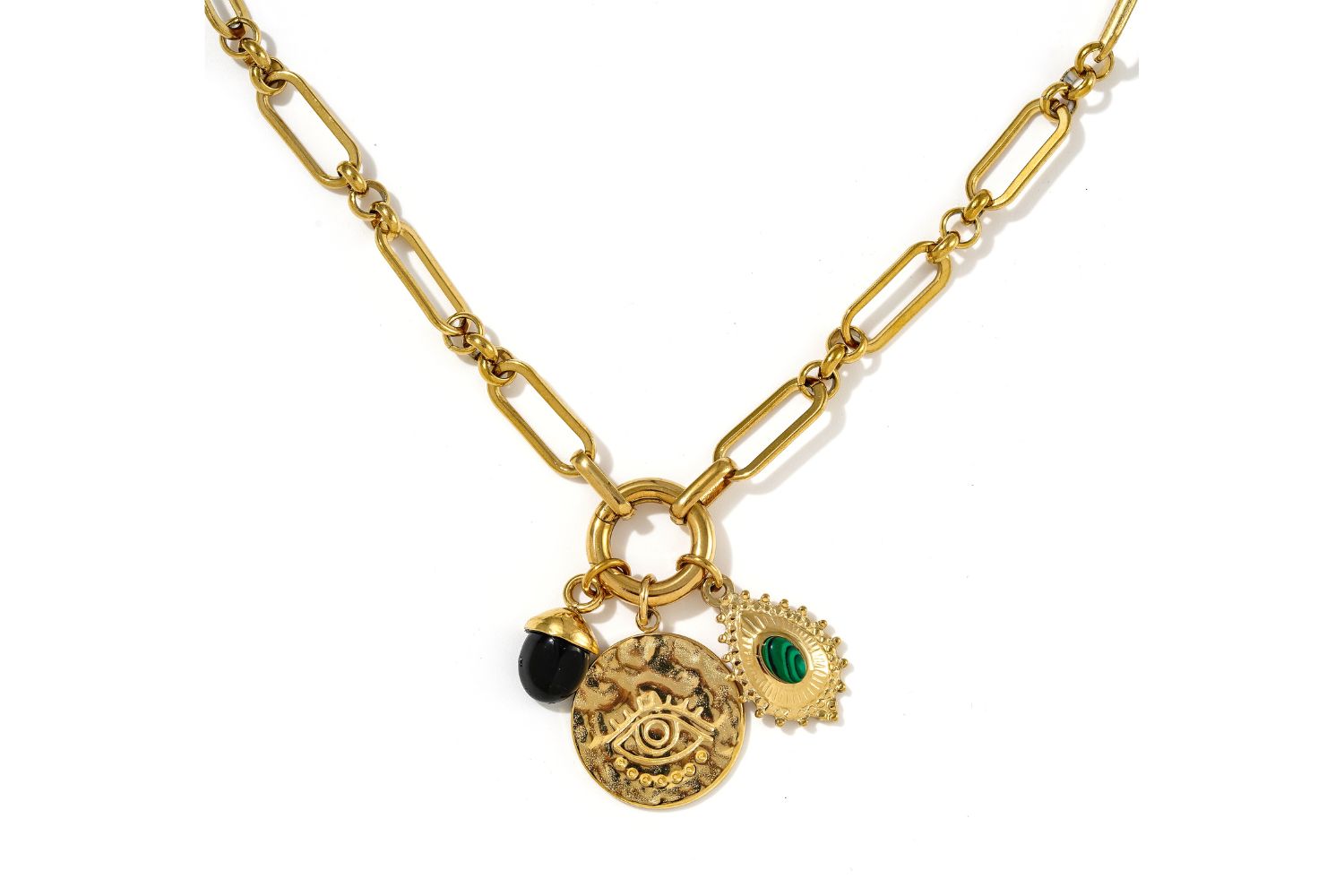 Luma malachite and black agate gold charm necklace by Boho Betty