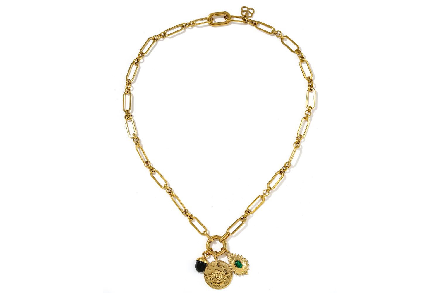 Full length view of the Luma malachite and black agate detachable charm necklace.