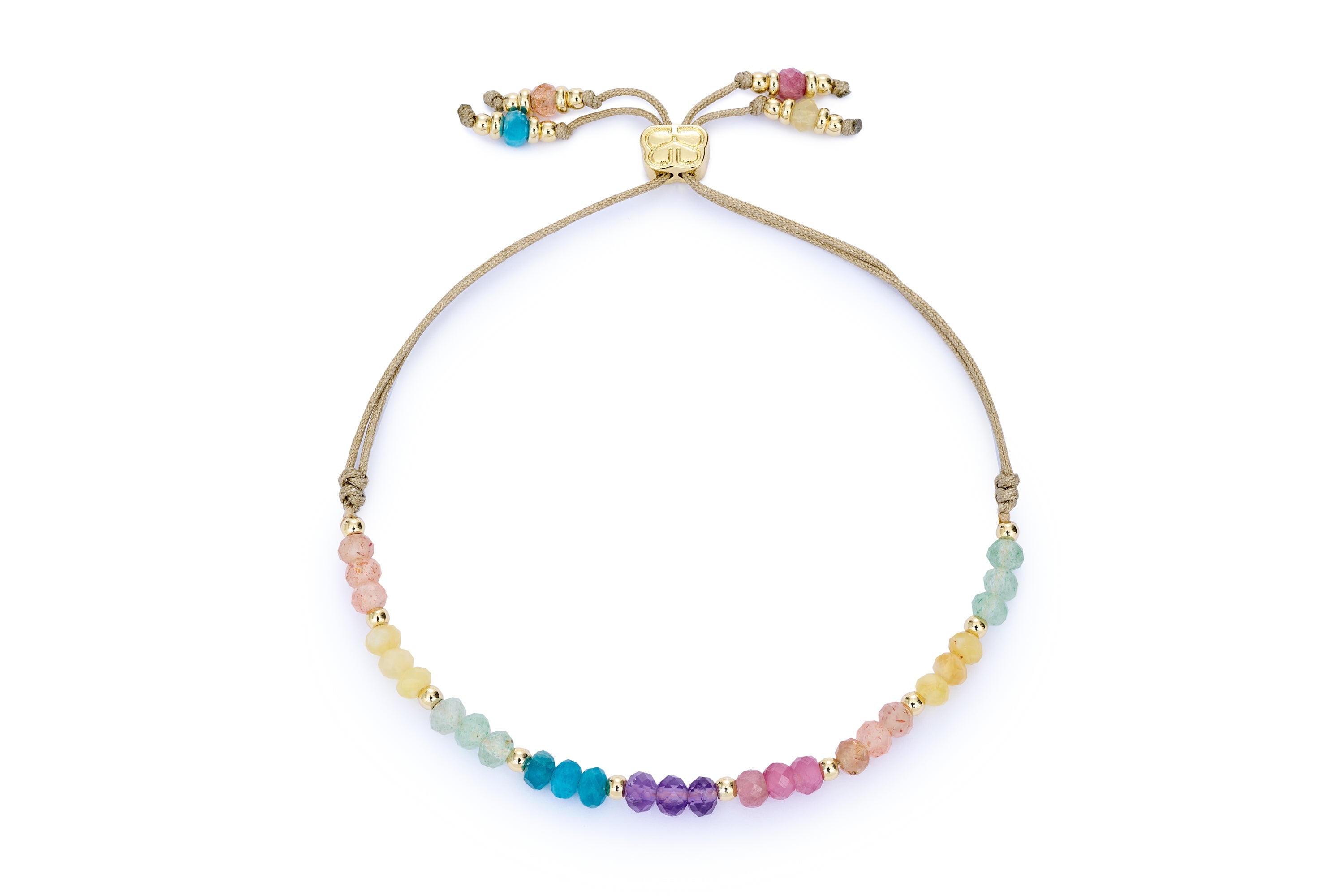 Marigold Rainbow Mix Gold Adjustable Bracelet featuring Green Strawberry Quartz, Yellow Opal, Sunstone, Pink Tourmaline, Amethyst, and Apatite gemstones with 12k gold-plated accents.
