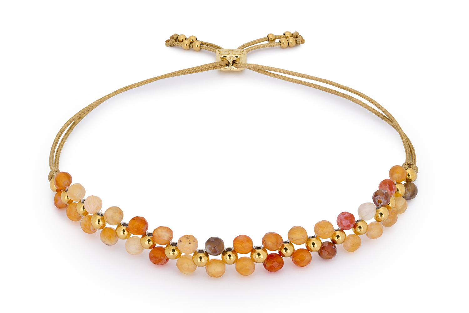 Marisol Gold & Orange Agate Gemstone Bracelet featuring radiant orange agate beads, PVD gold-plated stainless steel, and an adjustable thread slider fastening.