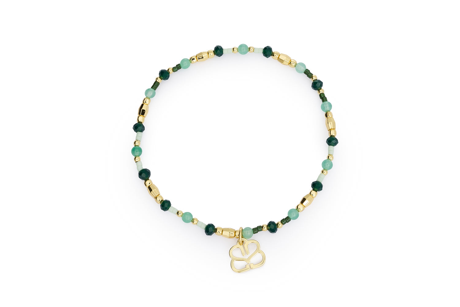 Melea gold stretch bracelet with green jade gemstones, Miyuki beads and Boho Betty charm on white background
