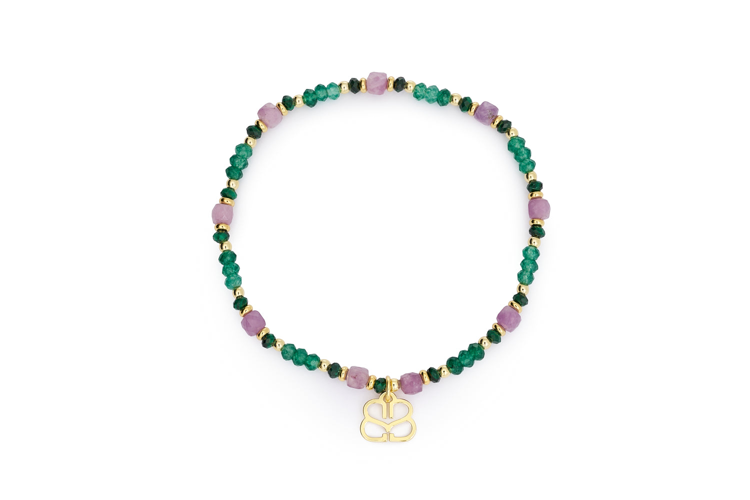 Meli gold, green and purple stretch bead bracelet with gold-plated charm on white background