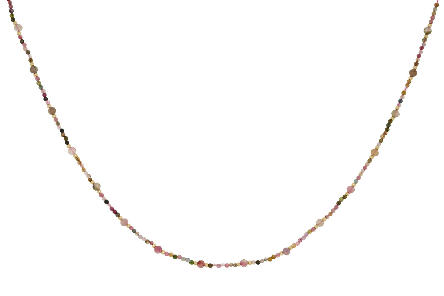 Melrose Gold Tourmaline Gemstone Bead Necklace featuring a mix of colourful faceted tourmaline beads and gold-plated accents, designed for layering.