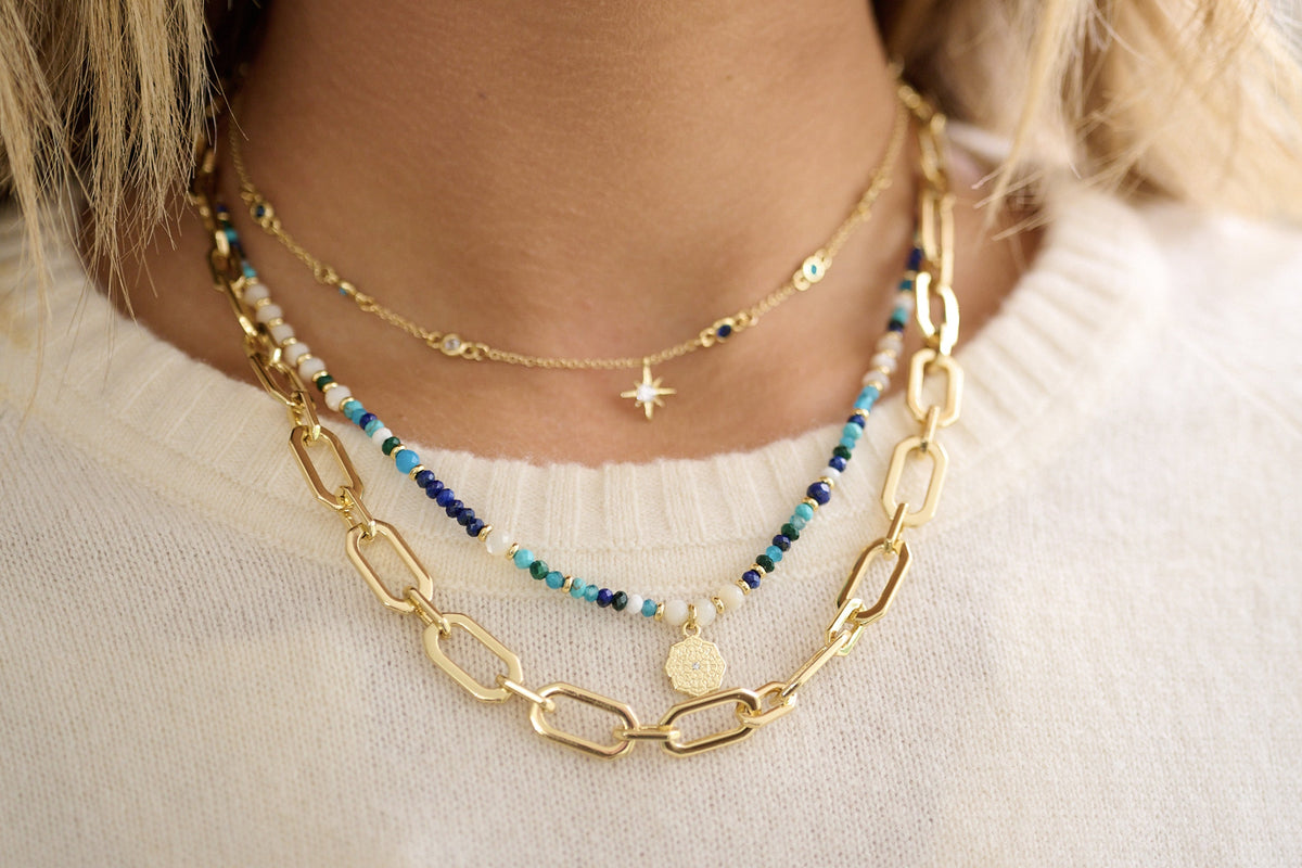 Midas Gold Chunky Chain Necklace styled with a chic outfit, showcasing its bold geometric design and gold-plated finish for a striking statement.