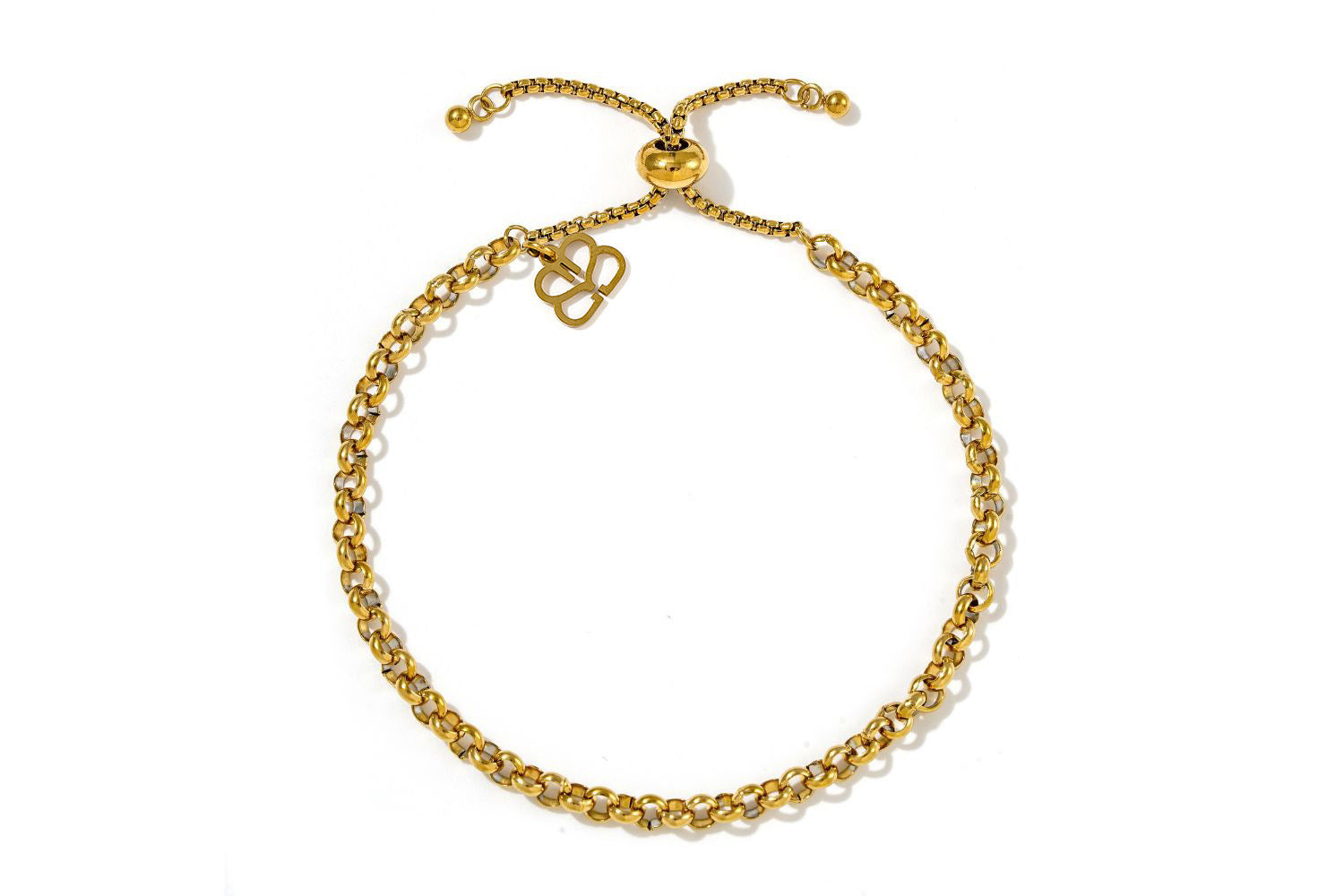 Persephone Gold Rolo Chain Slider Bracelet with rounded links and a polished 14k gold PVD finish, adjustable for a custom fit.