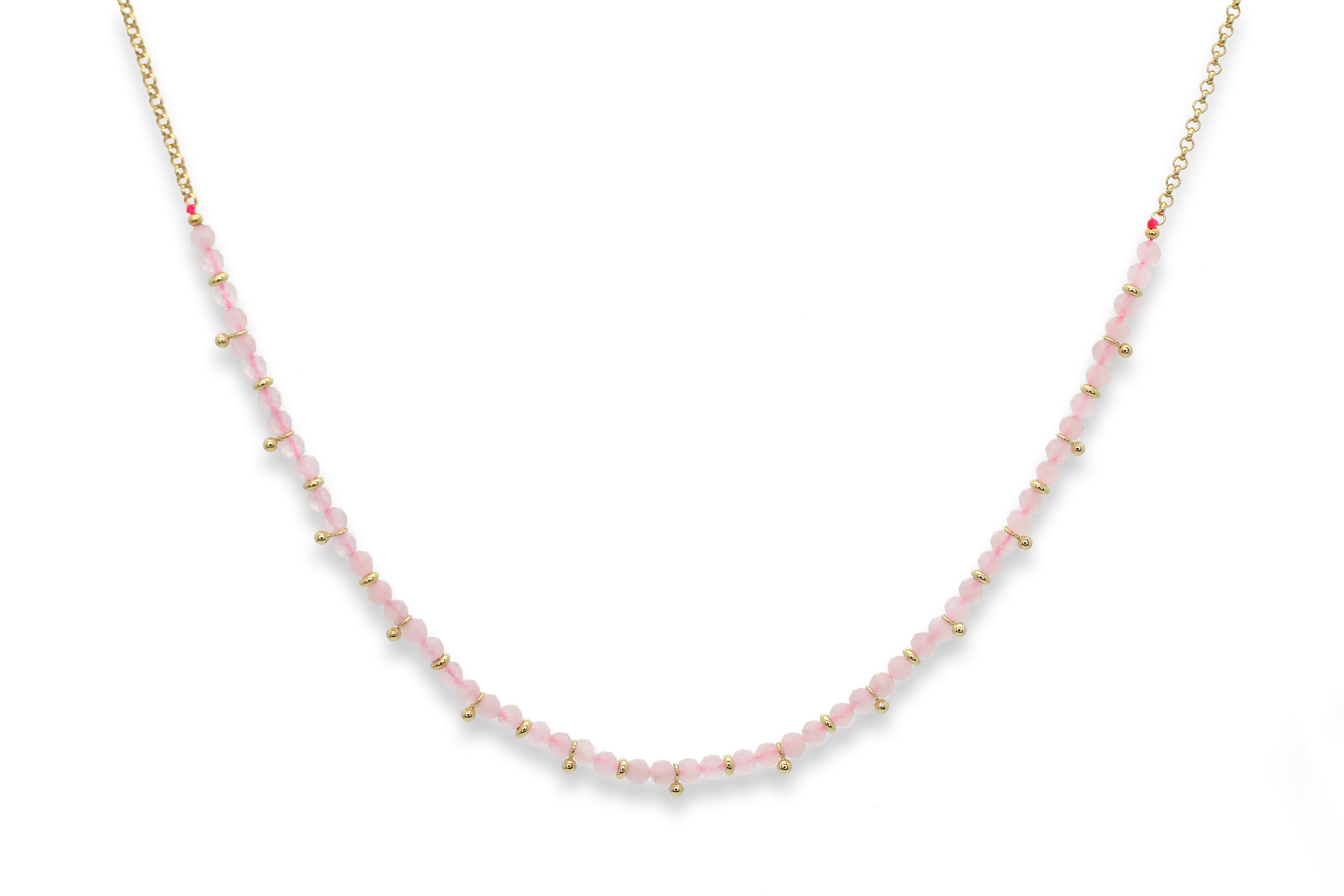 Salus Rose Quartz Gold Necklace featuring natural rose quartz gemstones, waterproof gold PVD stainless steel accents and an adjustable necklace design.