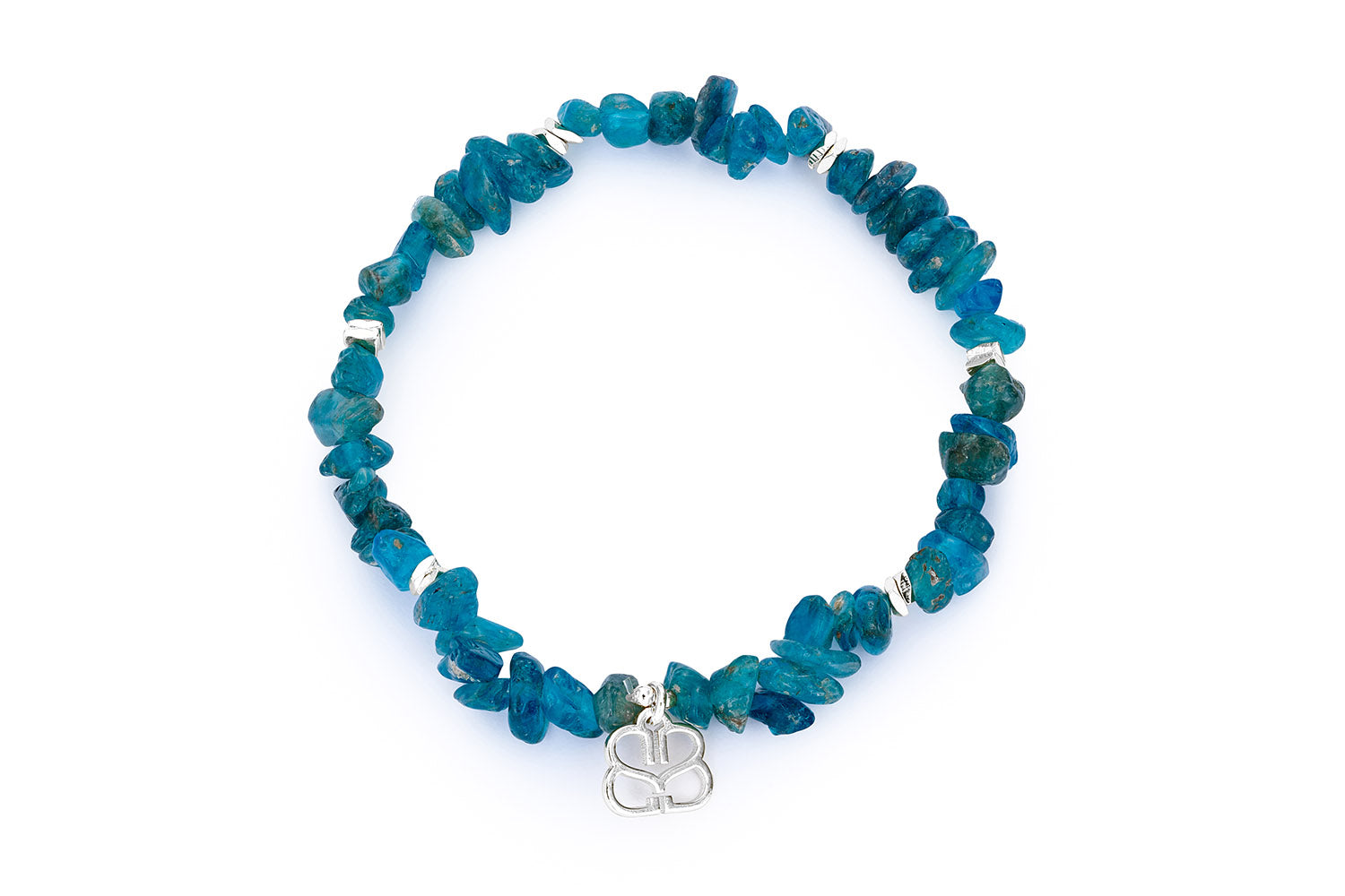 Sana Silver & Apatite Crystal Bracelet featuring raw blue apatite chip beads, silver-plated accents, and a stretch bracelet design for easy, comfortable wear.