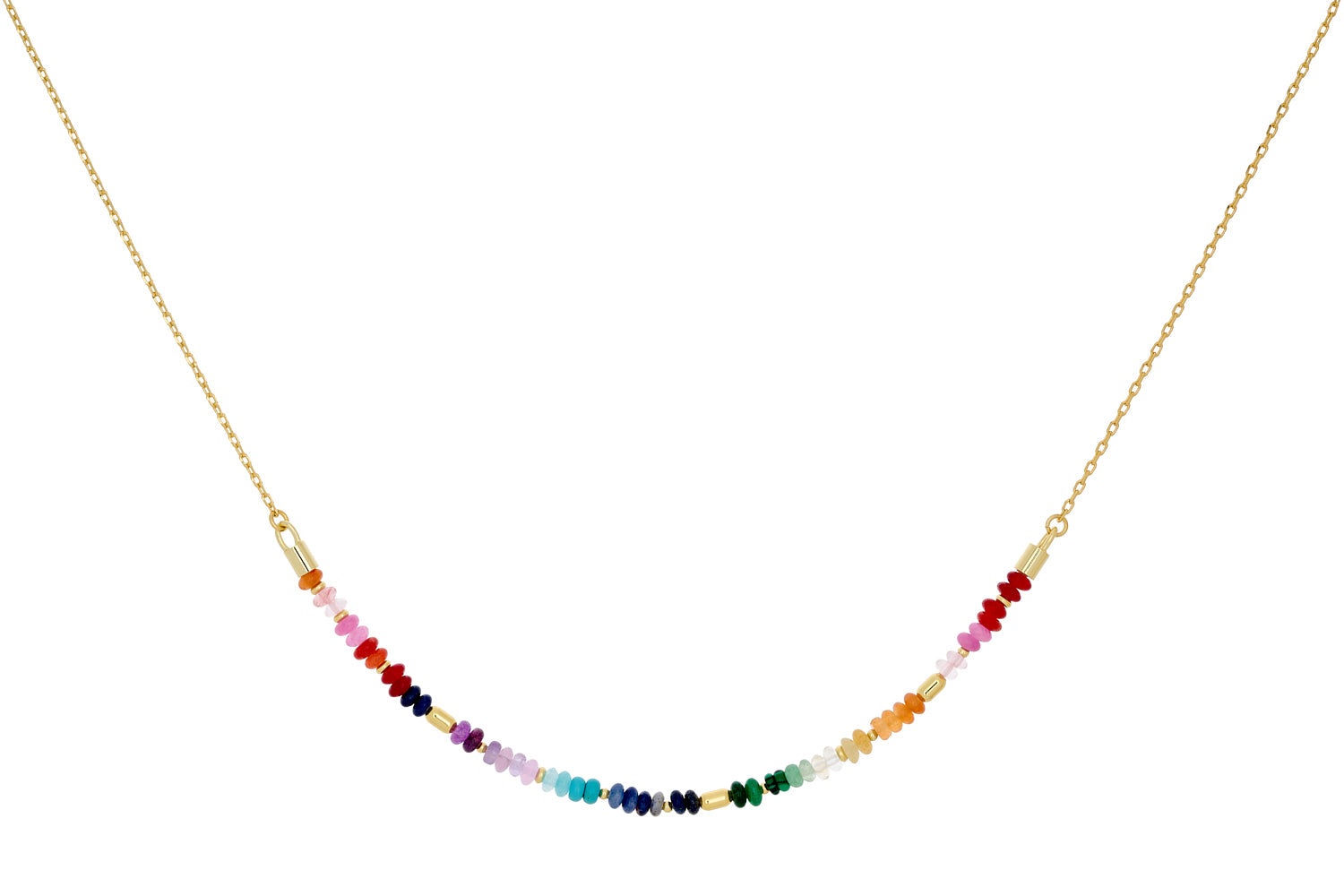 Skye Gold & Rainbow Gemstone Necklace featuring Blue Aventurine, Green Aventurine, Malachite, Blue Turquoise, Amethyst, Lapis Lazuli, and Dyed Coloured Jade, strung on a delicate gold-plated chain.