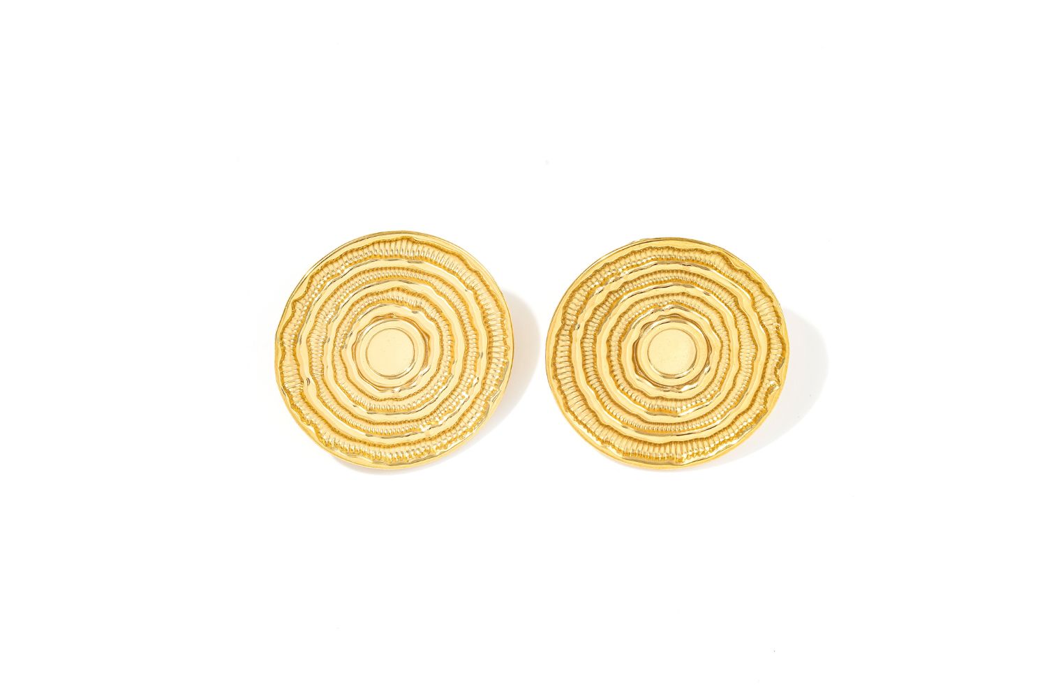 Solanda Organic Round Gold Stud Earrings with textured solar-inspired surface and polished gold finish.