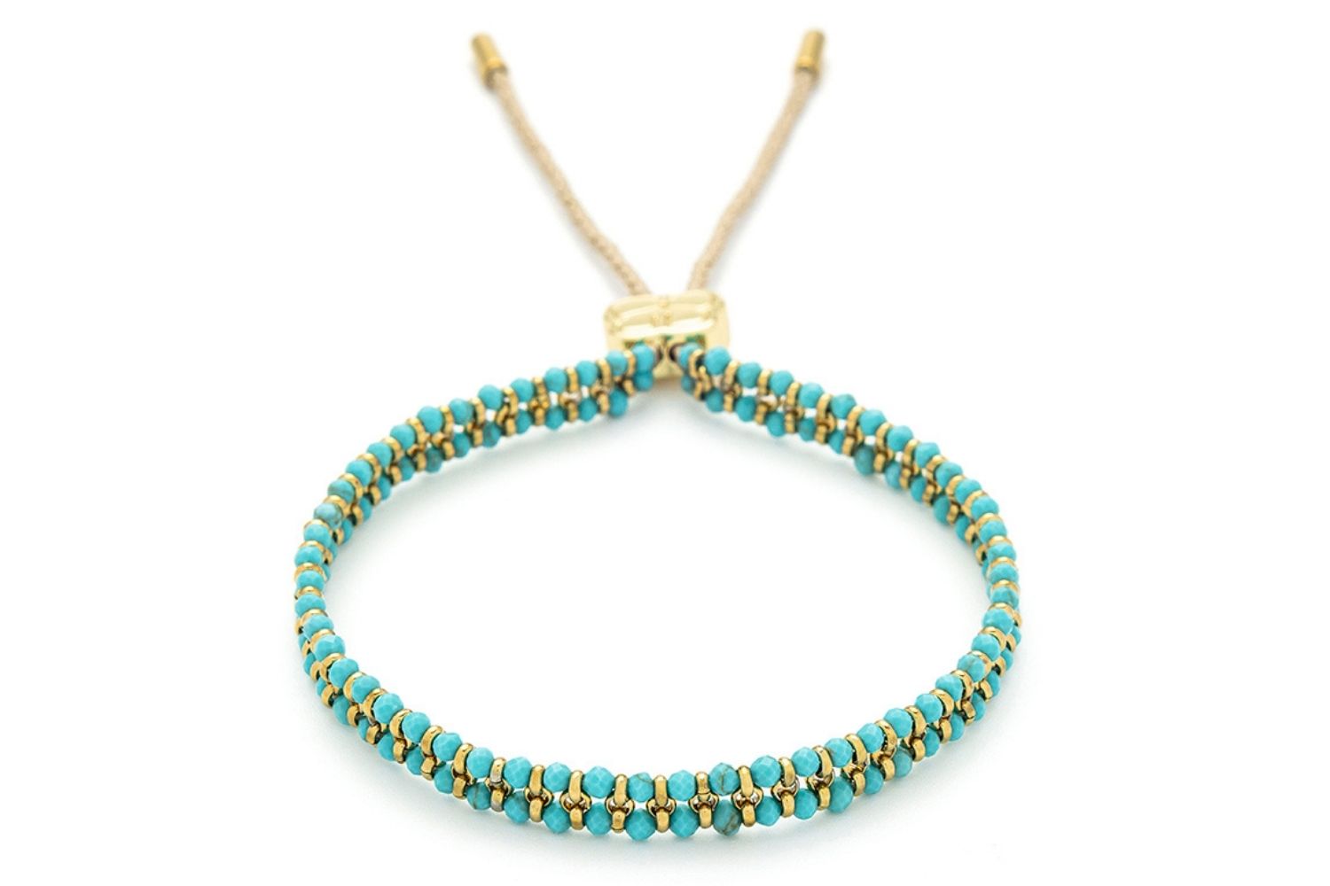Talia Turquoise Gold Braided Bracelet with turquoise howlite beads and gold chain links, perfect for layering or beachwear.
