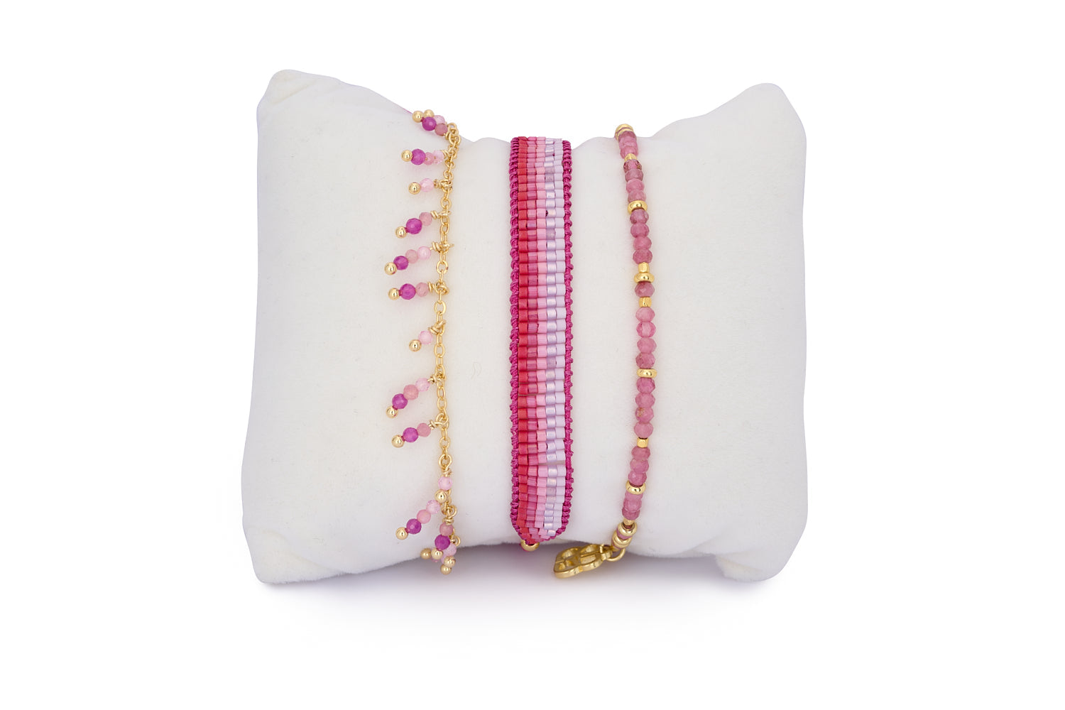 Tangsi Pink Tourmaline & Gold Bracelet Stack featuring natural pink gemstones, gold accents, and boho-luxe styling for a radiant, joyful look.