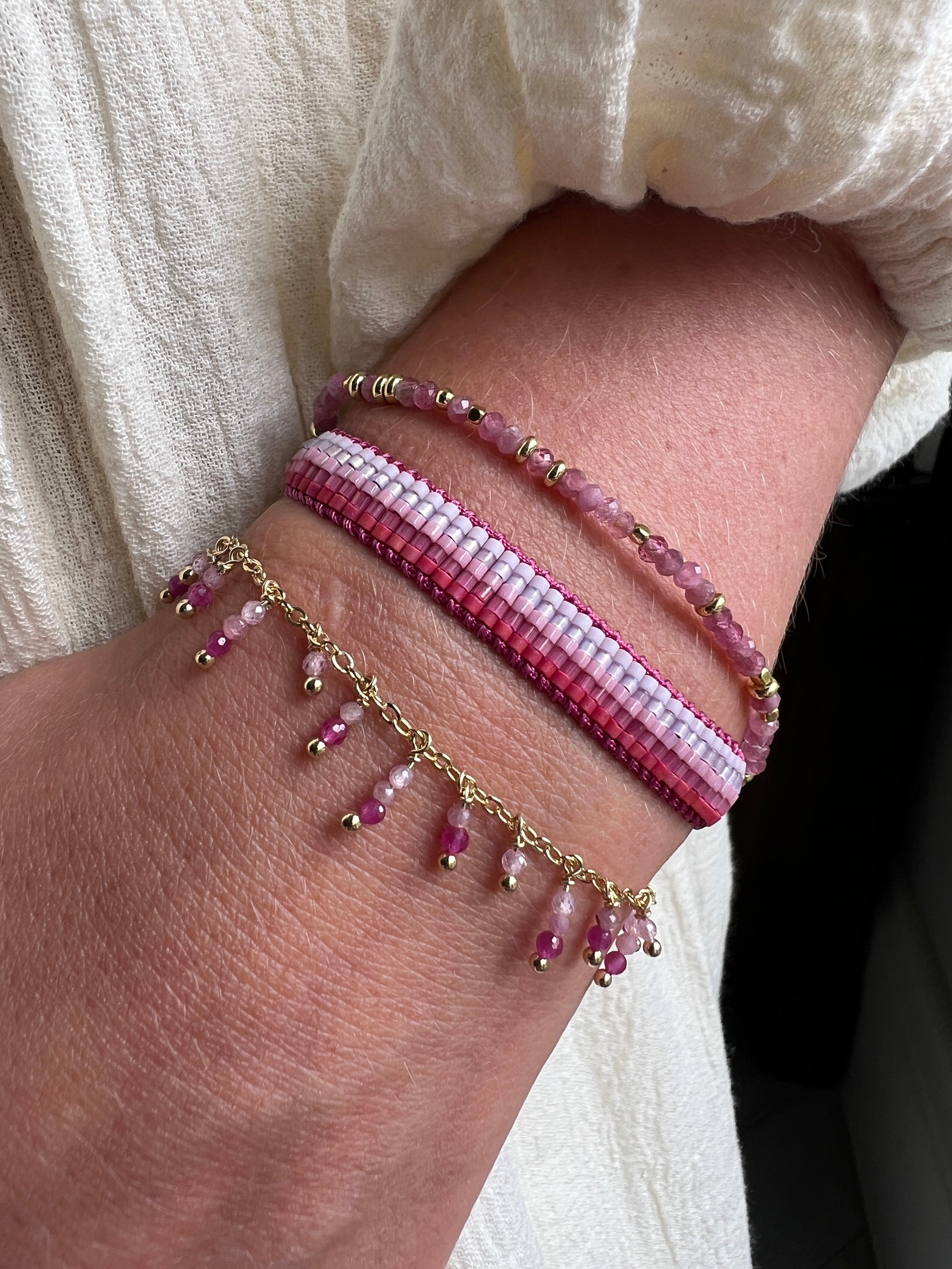 Tangsi Pink Tourmaline & Gold Bracelet Stack styled with soft pink tones and golden light, a perfect gift for October birthdays and high-vibe souls.