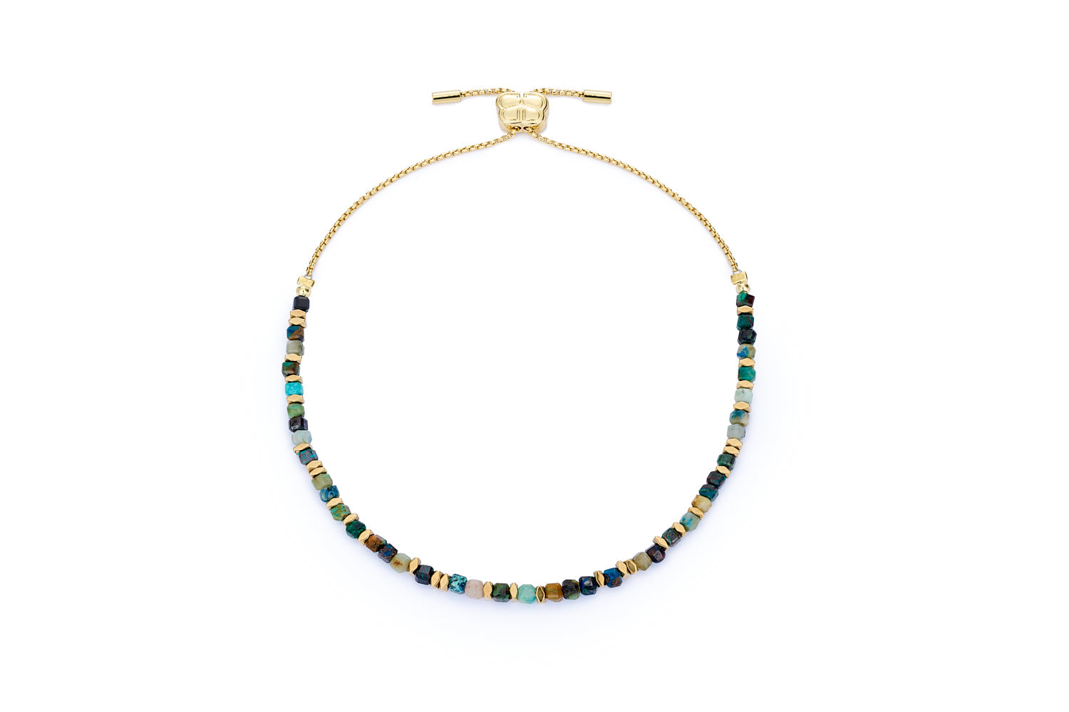 Valentina Gold Azurite Gemstone Slider Bracelet featuring raw-cut azurite beads in deep navy, turquoise, and jade hues, accented with 12k gold-plated details and an adjustable sliding chain.
