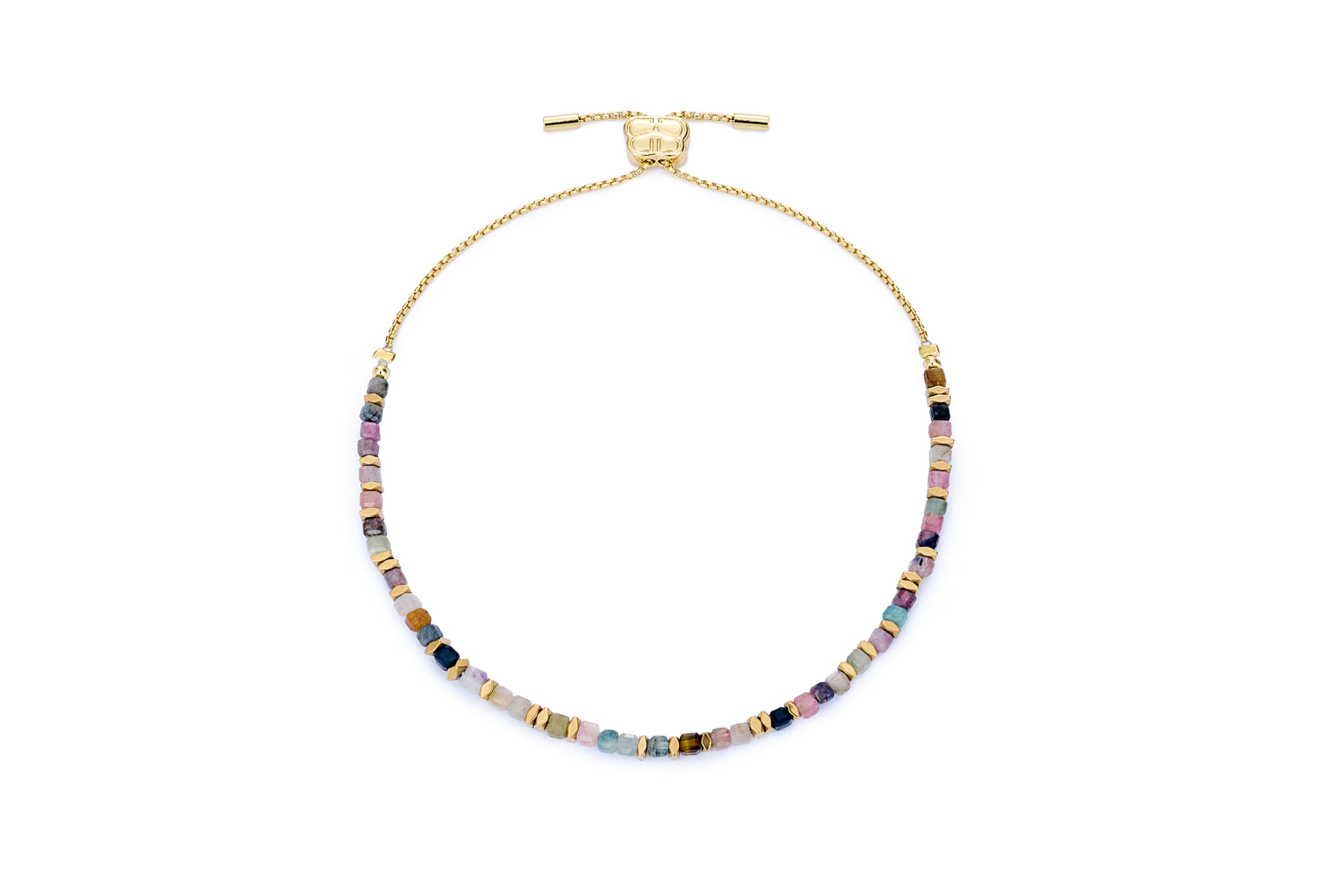 Valentina Gold & Tourmaline Gemstone Bracelet featuring a mix of natural tourmaline beads in soft pinks, greens, and golden ambers, accented with 12k gold-plated details and an adjustable slider fastening.