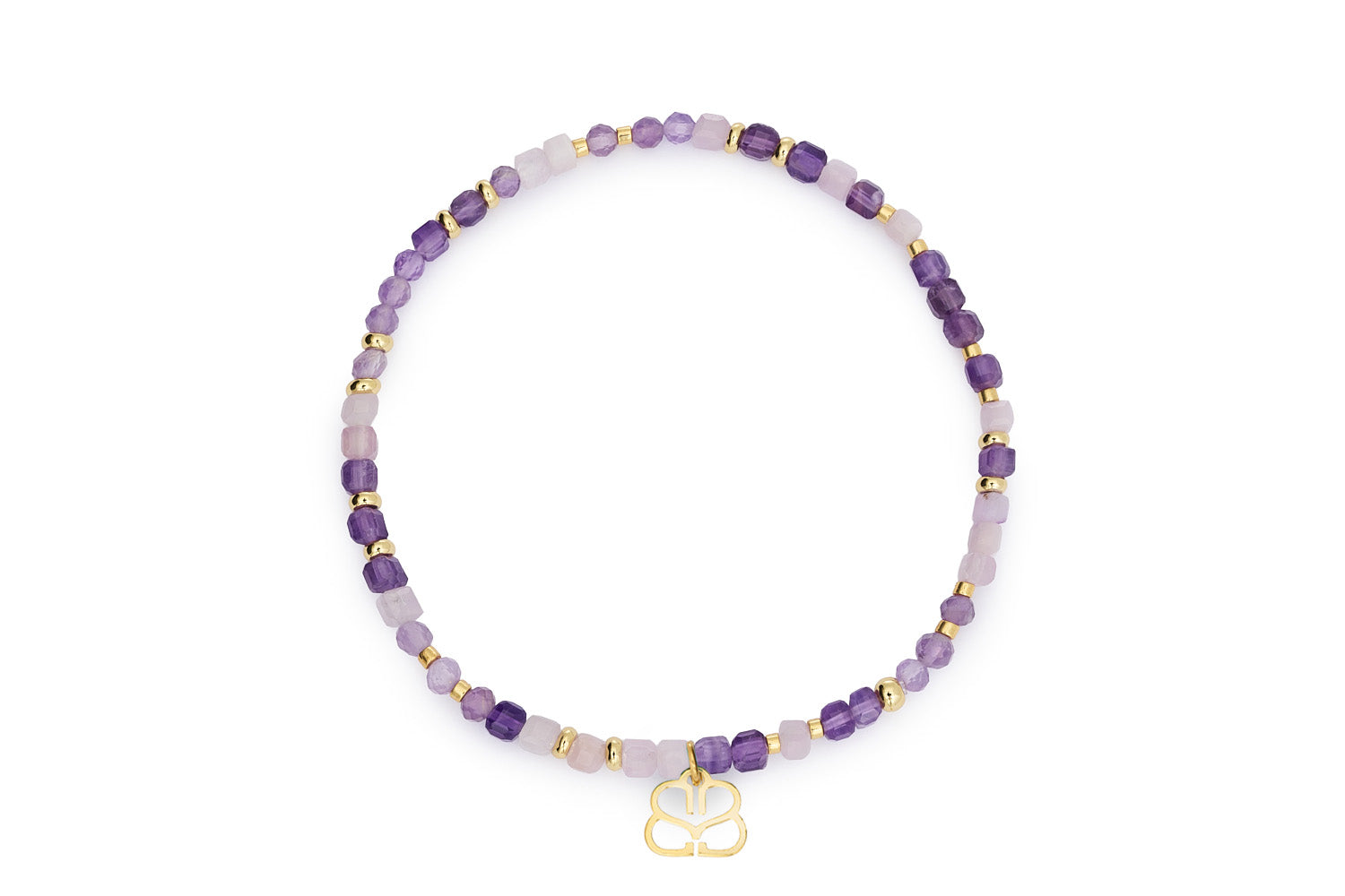 Amethyst gemstone beaded stretch bracelet with gold accents in purple tones
