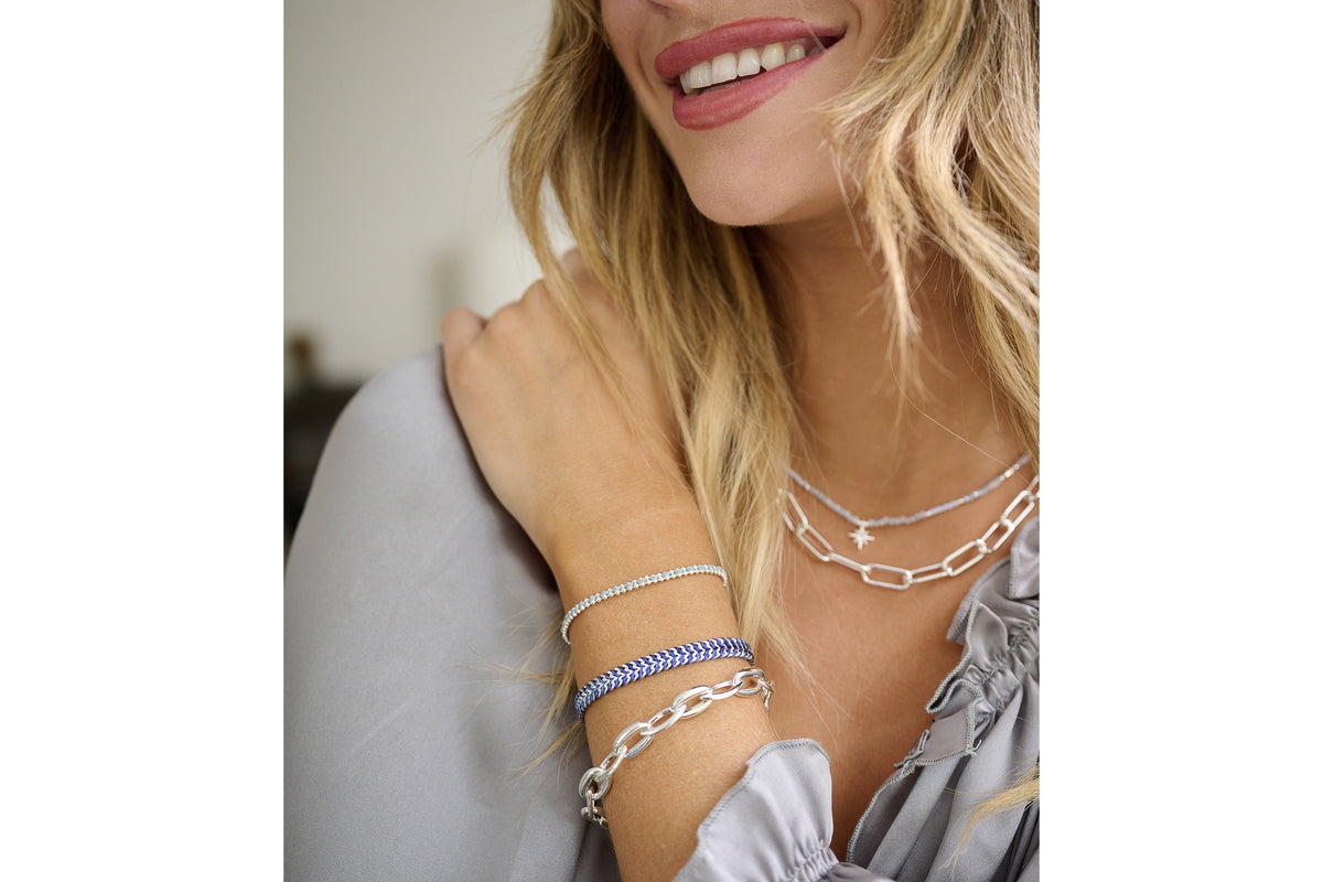 Braid Grey & Silver Bracelet styled with silver jewelry - Boho Betty