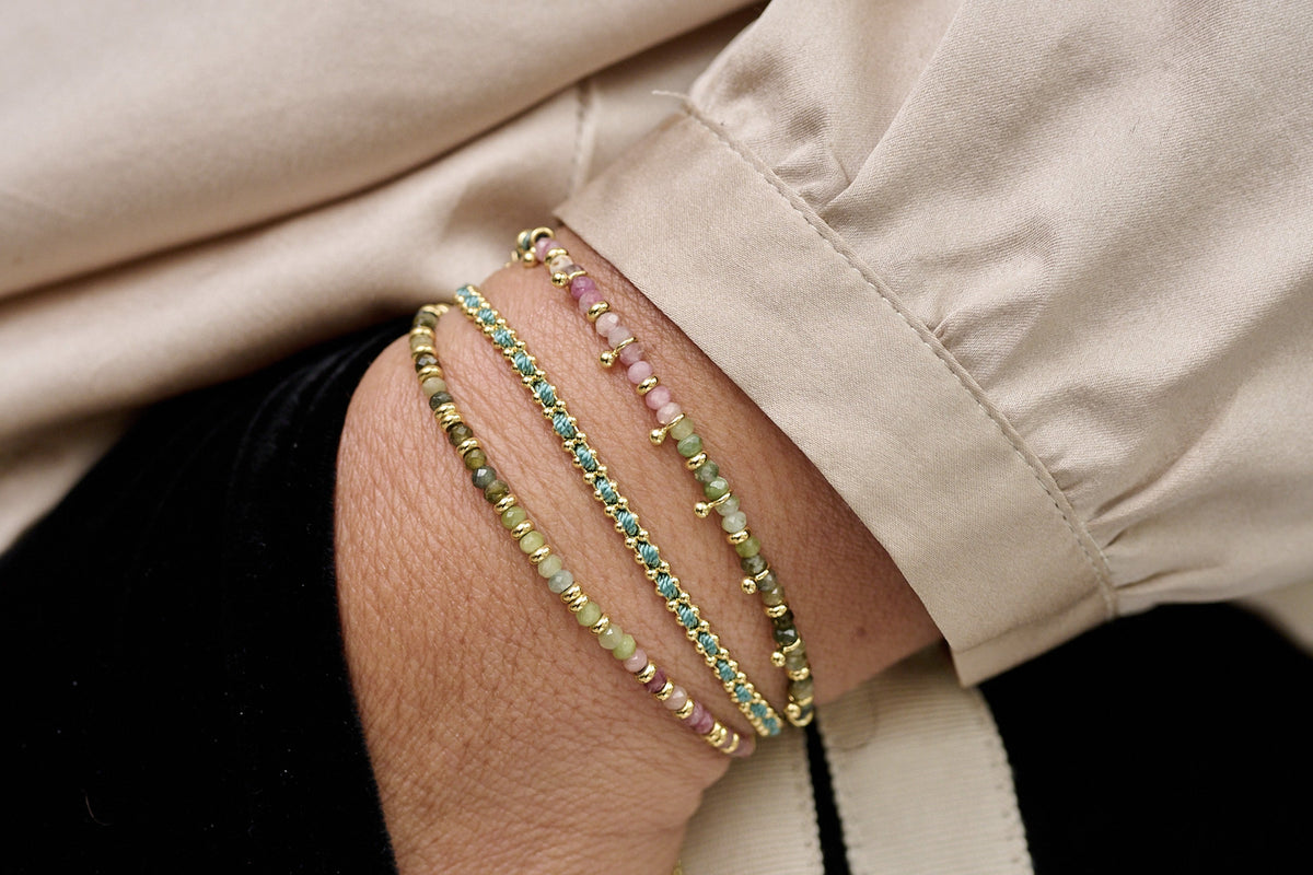 Harmony Tourmaline Gold Bracelet stacked with Braid Teal - Boho Betty