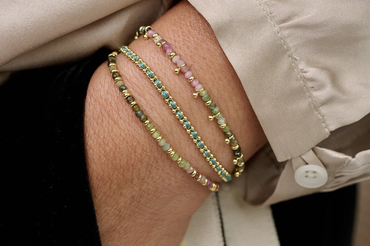 Braid Teal Gold Bracelet styled with Mystical Tourmaline and Harmony Tourmaline Gold - Boho Betty