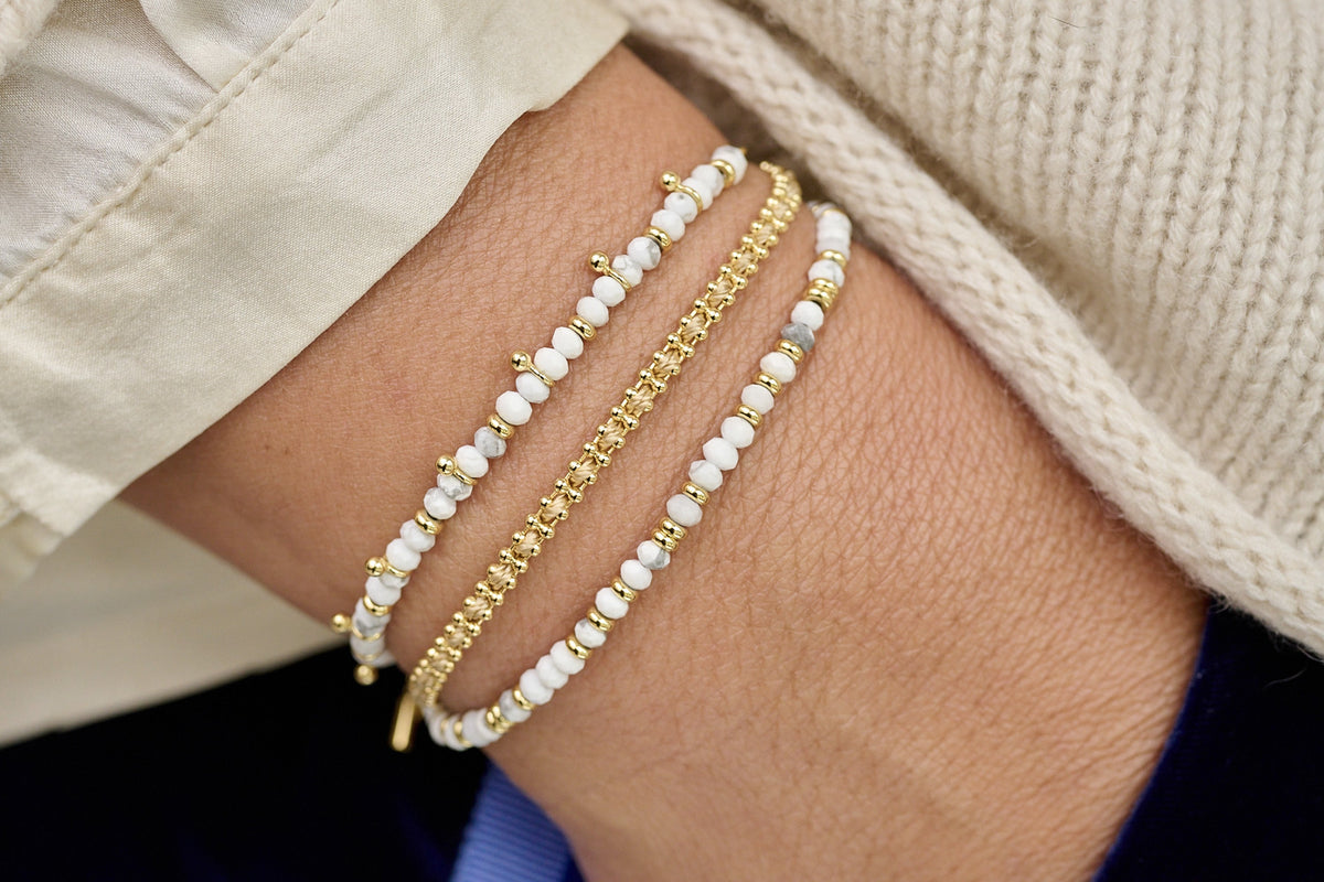Braid Salmon Gold Bracelet layered with Mystical and Harmony bracelets - Boho Betty