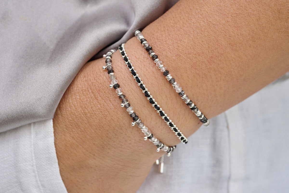 Mystical Black Rutilated Quartz Silver Bracelet stacked with silver bracelets - Boho Betty