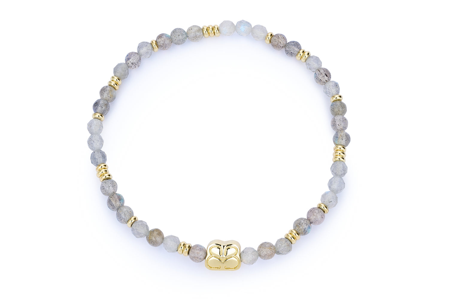 Wonder Labradorite Gold Bracelet featuring faceted labradorite beads in soft grey, silver, and blue tones, accented with 12k gold-plated details in a comfortable stretch fit design.