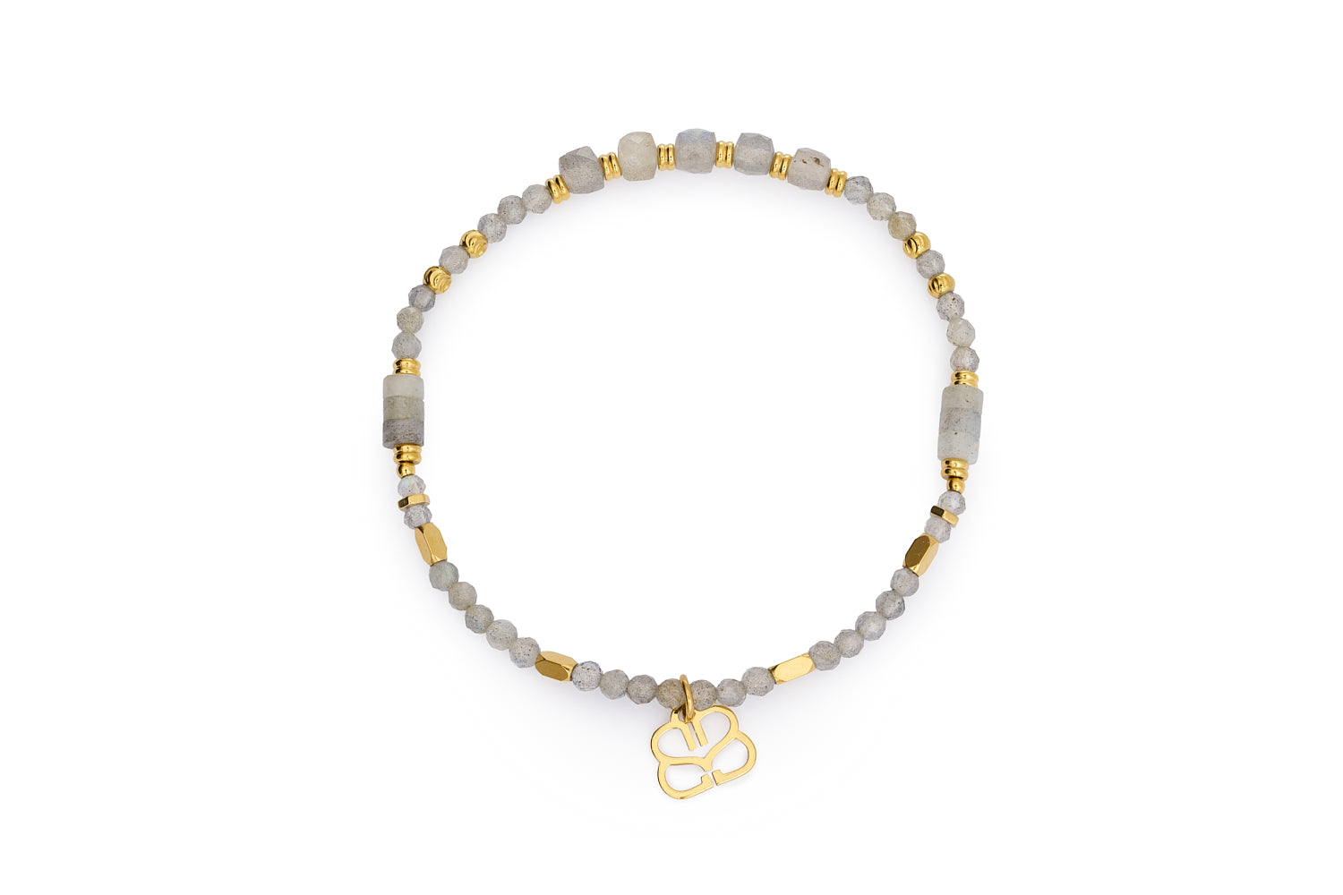Yasmin Gold Labradorite Bead Bracelet with PVD gold stainless steel accents and faceted grey labradorite stones.