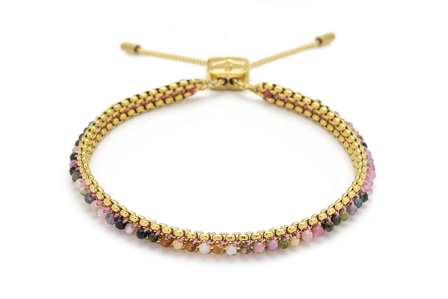 Zena Gold & Tourmaline Bracelet with natural multi-coloured gemstone beads handwoven through a PVD gold chain for a vibrant, boho-luxe look.