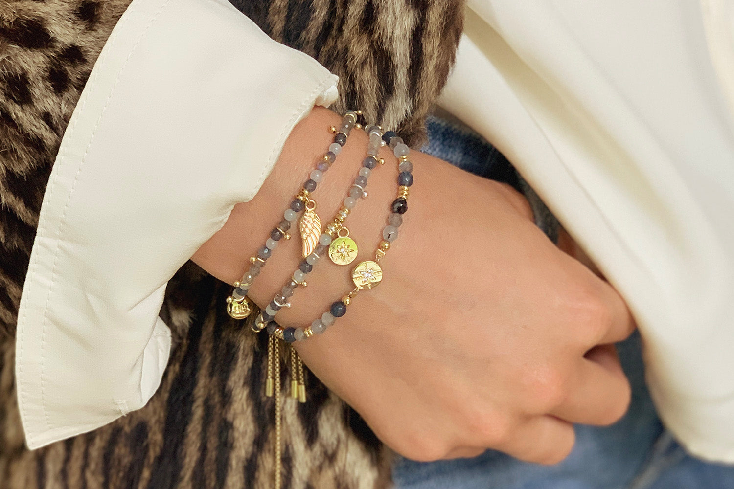 Chara Denim Gemstone & Gold Charm Bracelet - Boho Betty