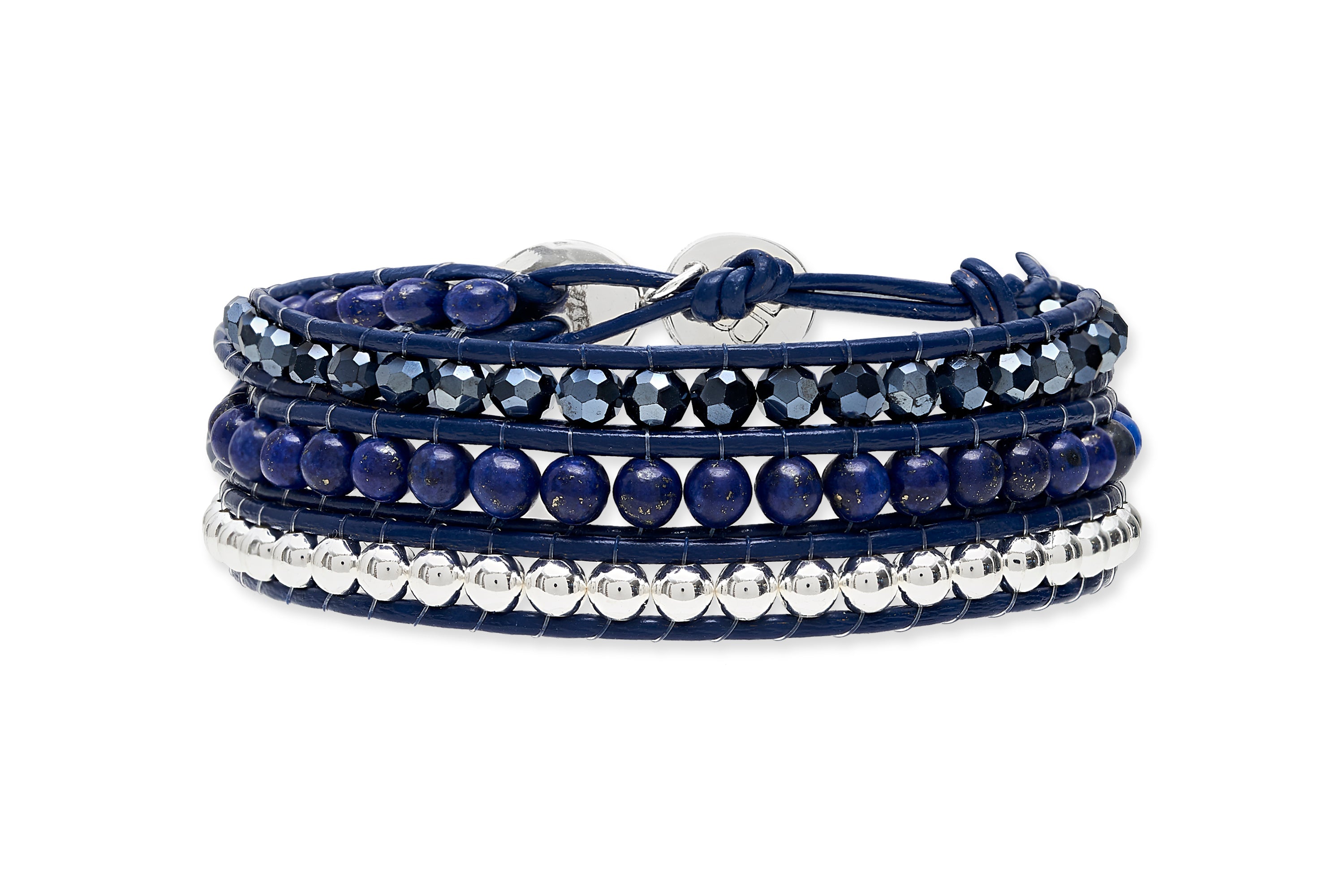 Kyoto Navy Leather 3 Wrap Crystal Bracelet - Boho Betty