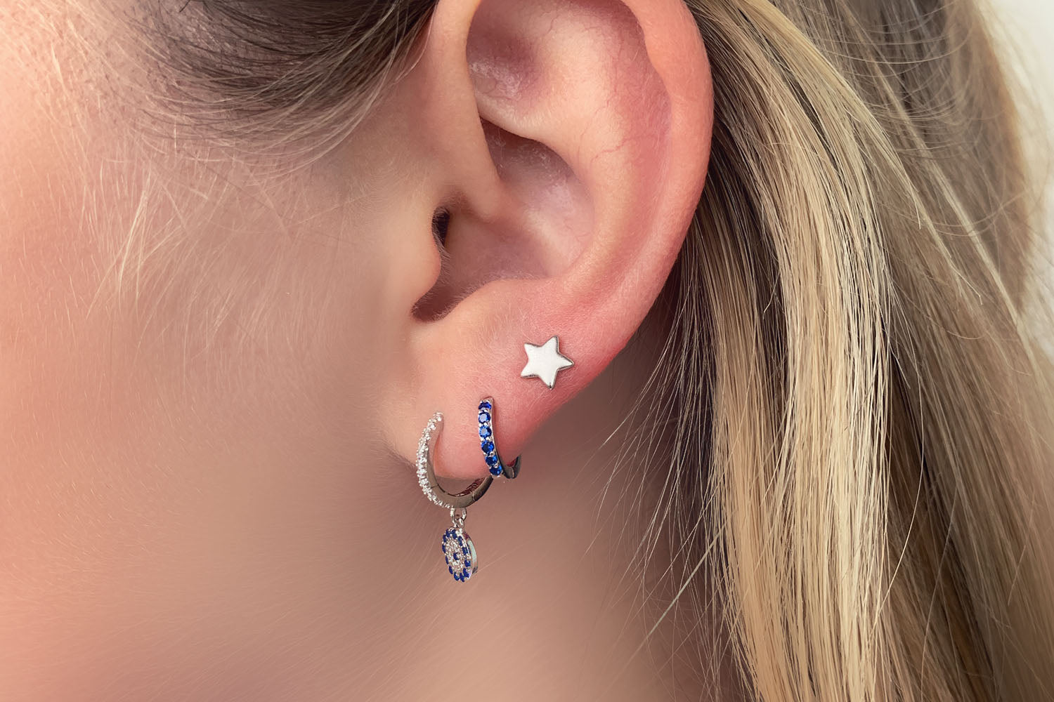 Reddy Navy Crystal Silver Huggie Earrings - Boho Betty